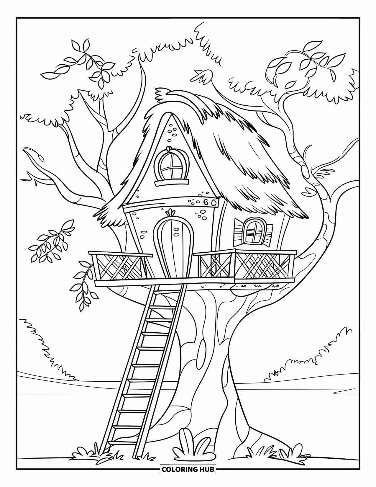 Boomhut Kleurplaat voor Kinderen: Een boomhut met een rieten dak, ladder en vogels tussen de bladeren