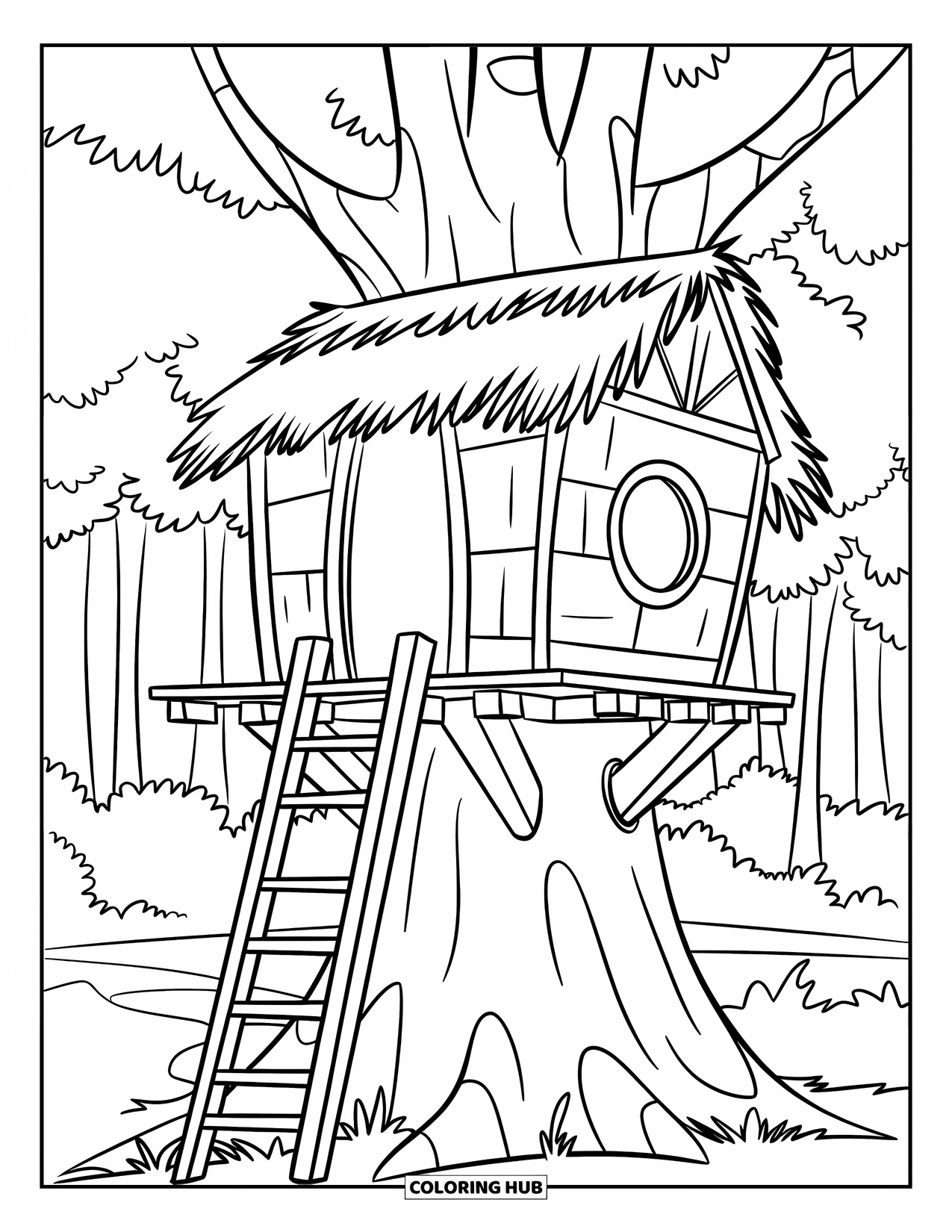 Boomhut Kleurplaat voor Kinderen: Een boomhut met een rieten dak, rond raam en ladder op een boom met textuur