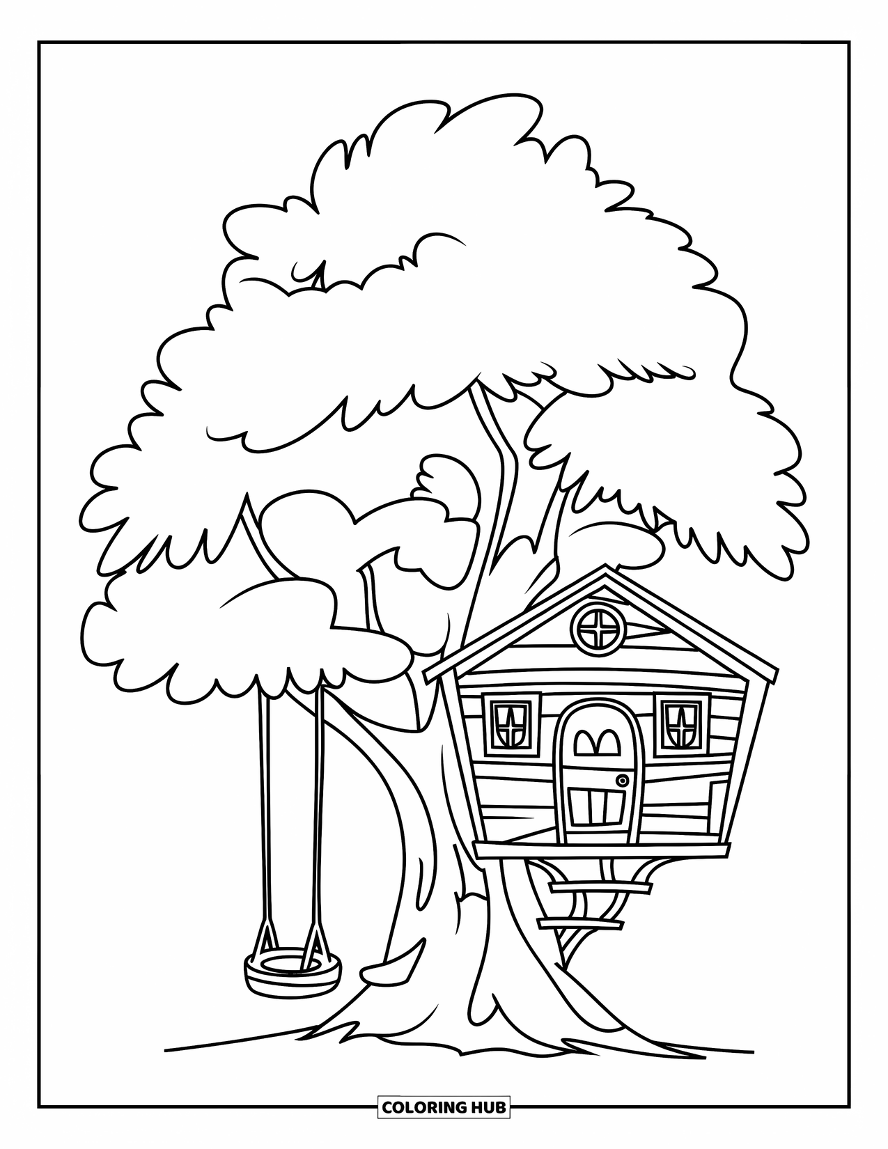 Boomhut Kleurplaat voor Kinderen: Een boomhut met een autobandenschommel en grote takken