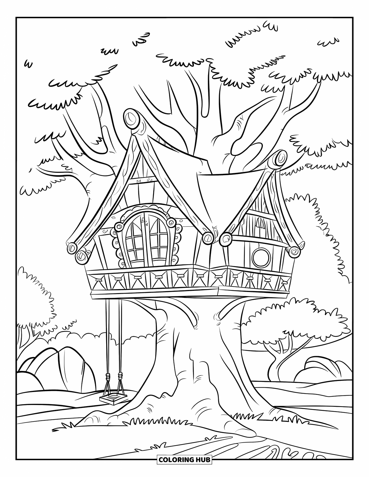 Boomhut Kleurplaat voor Kinderen: Een boomhut met balken, een balkon en een touwschommel