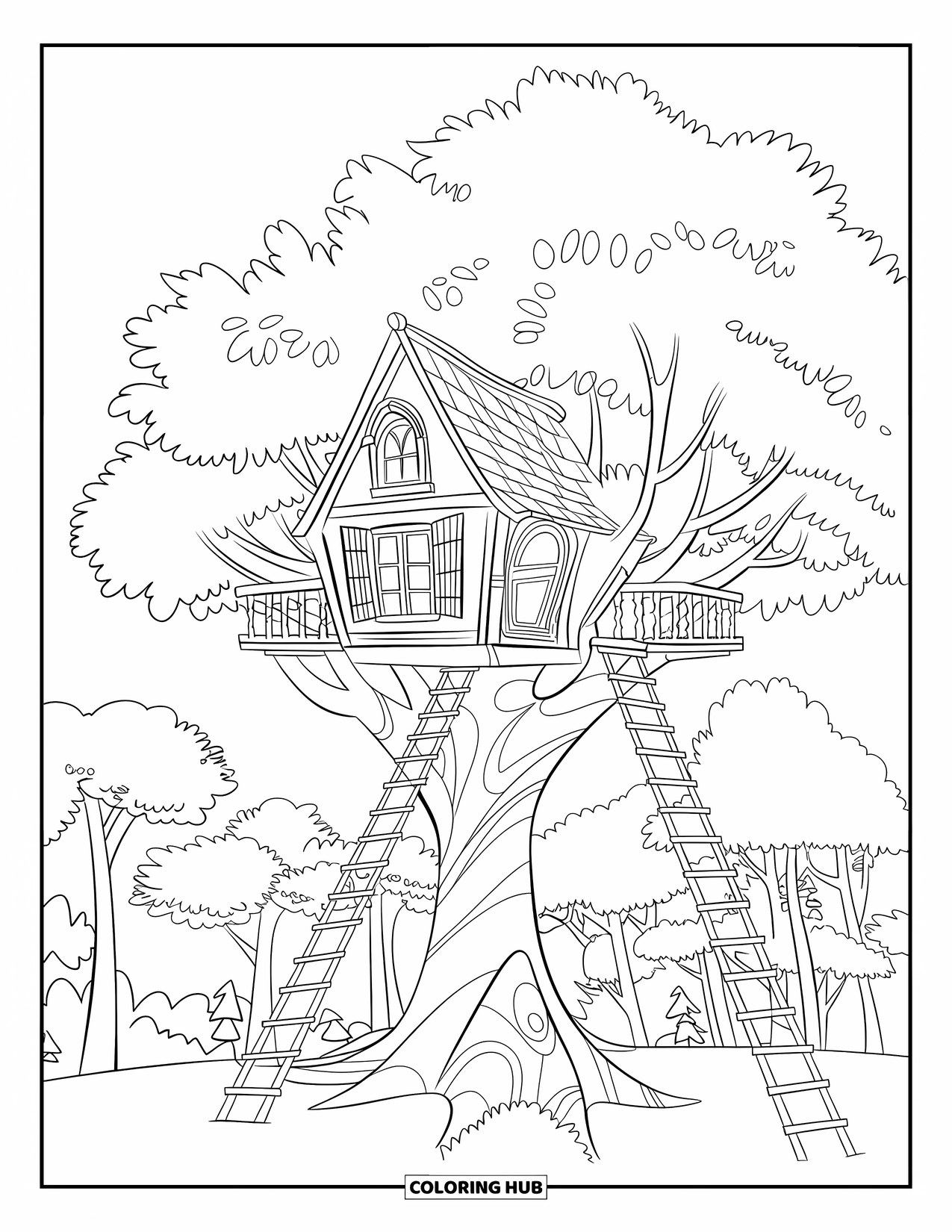 Boomhut Kleurplaat voor Kinderen: Een boomhut met gedetailleerde ramen, houten ladders en vogels in de buurt