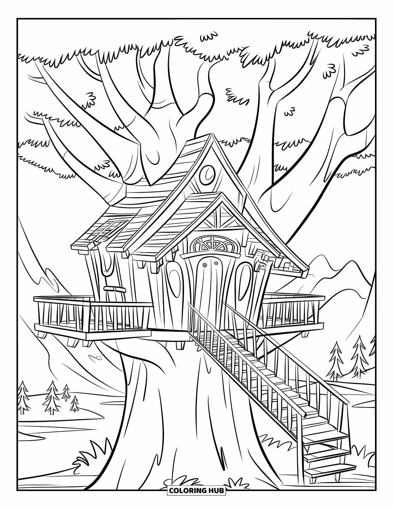 Boomhut Kleurplaat voor Kinderen: Een boomhut met meerdere niveaus, een brug en balkonleuningen