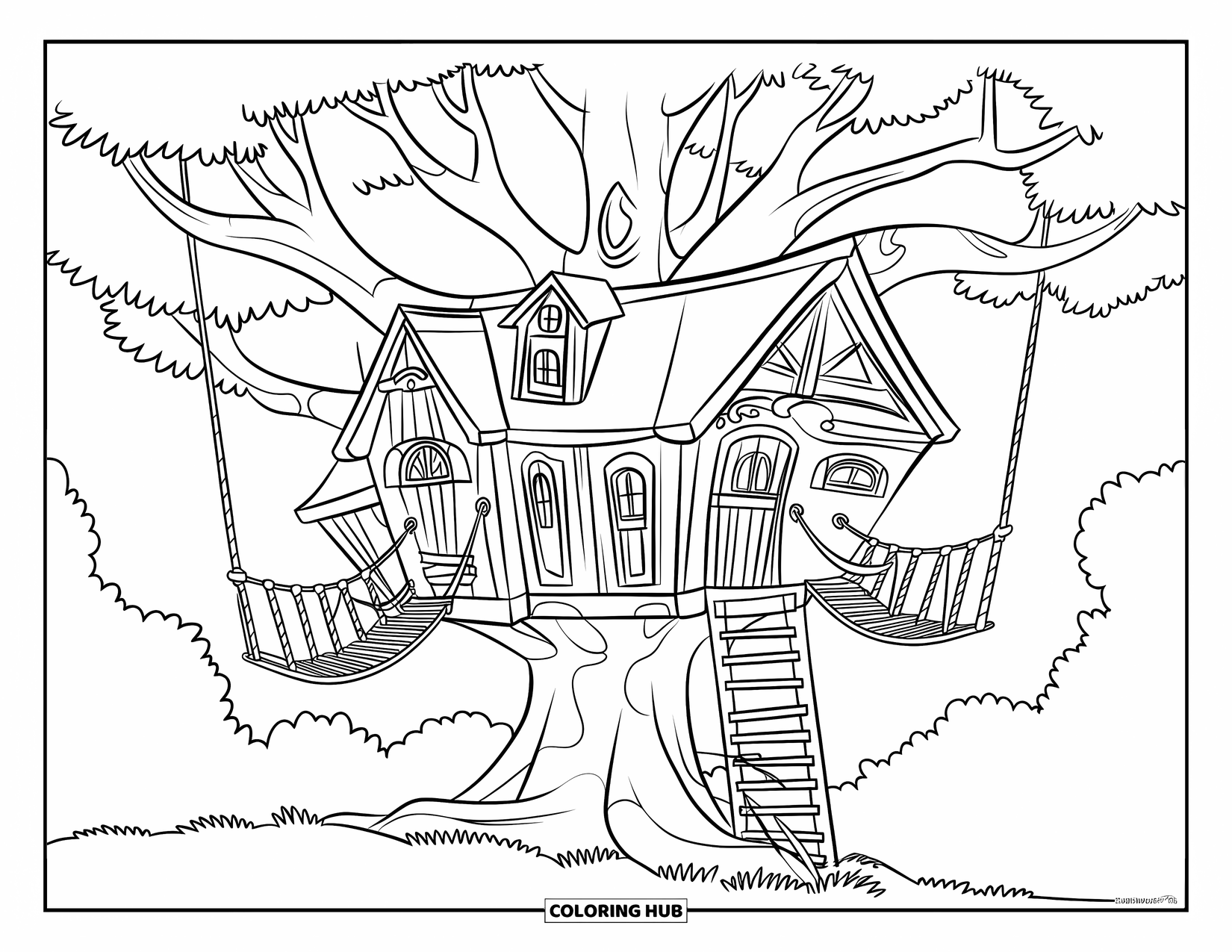 Boomhut Kleurplaat voor Kinderen: Een boomhut met touwbruggen, meerdere deuren en een houten ladder