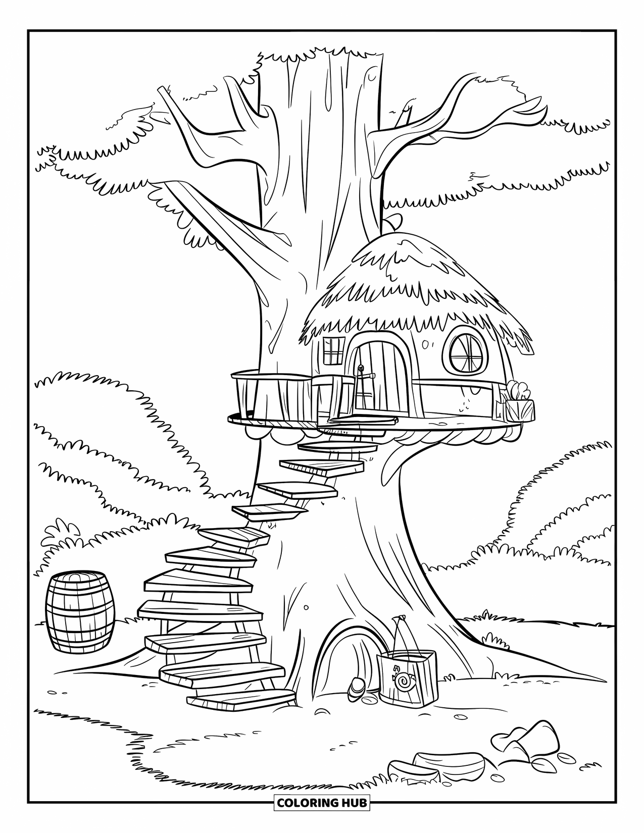 Boomhut Kleurplaat voor Kinderen: Een boomhut met houten trappen, platforms en een rieten dak