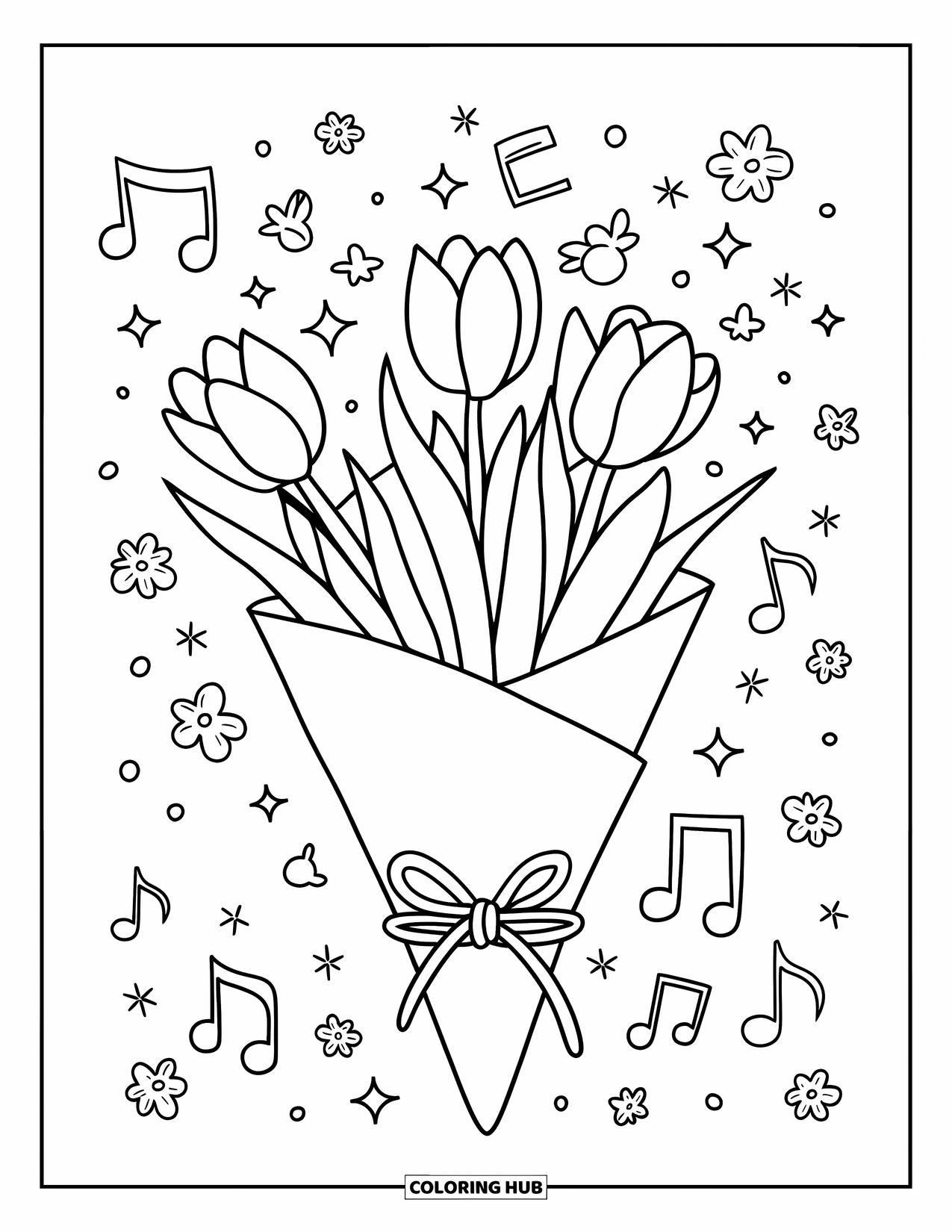 Desen de colorat cu lalele pentru adulți: Un buchet de lalele în hârtie este legat cu sfoară și sclipici în jurul lui