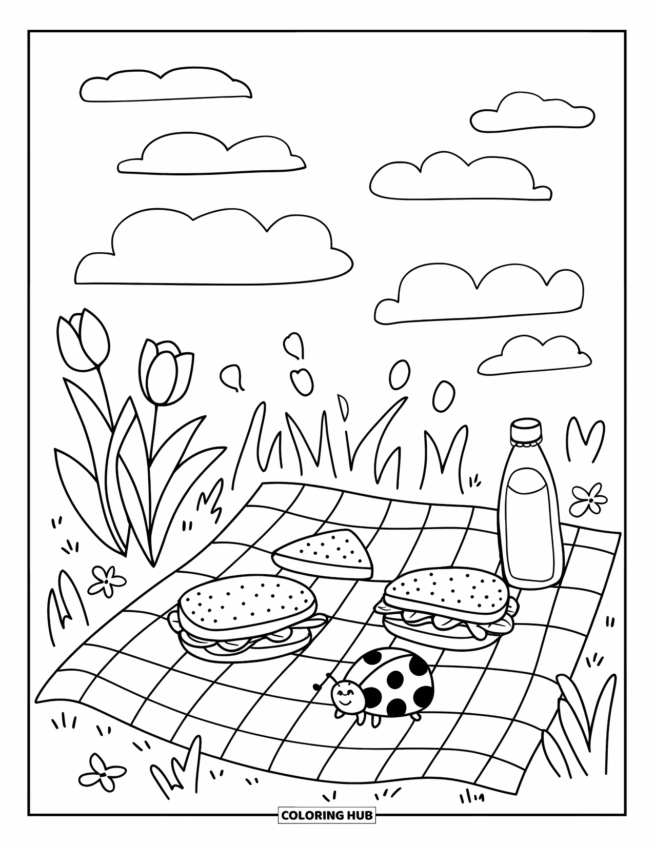 Desen de colorat cu lalele pentru adulți: O pătură în carouri ține lalele și sandvișuri, cu o buburuză care privește