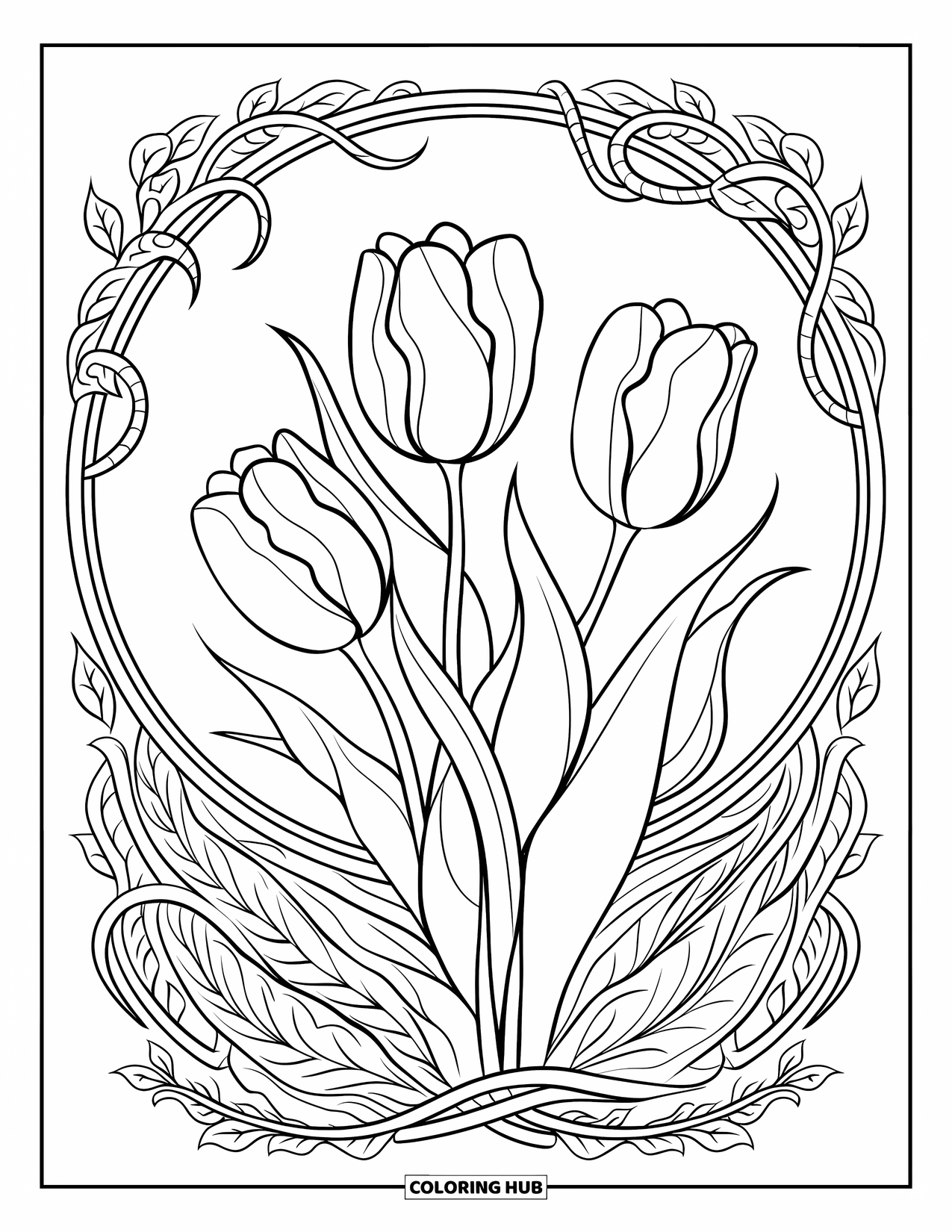 Desen de colorat cu lalele pentru adulți: Un grup de lalele cu viță de vie și frunze are modele complicate