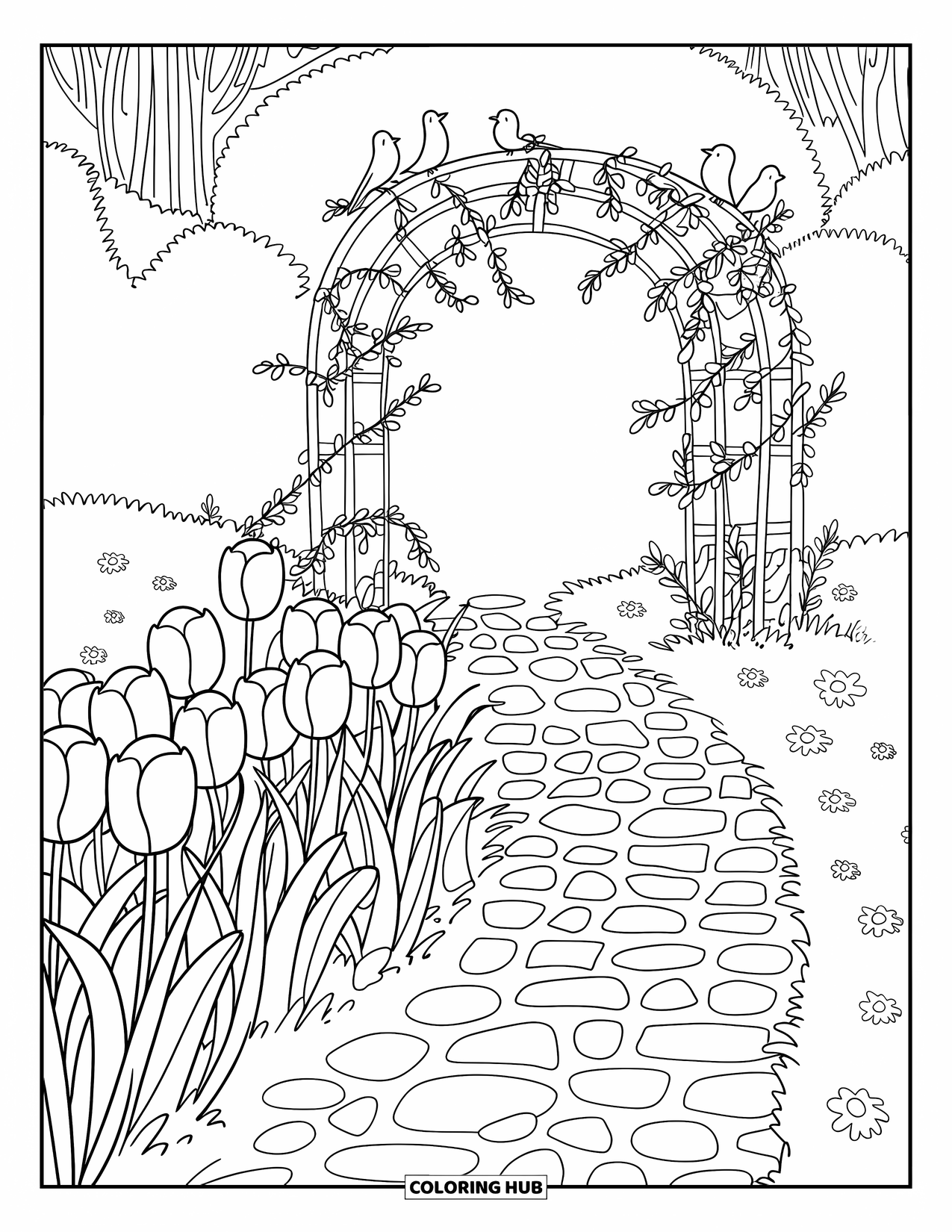 Desen de colorat cu lalele pentru adulți: O potecă pietruită cu lalele duce la o arcadă de grădină acoperită cu viță de vie