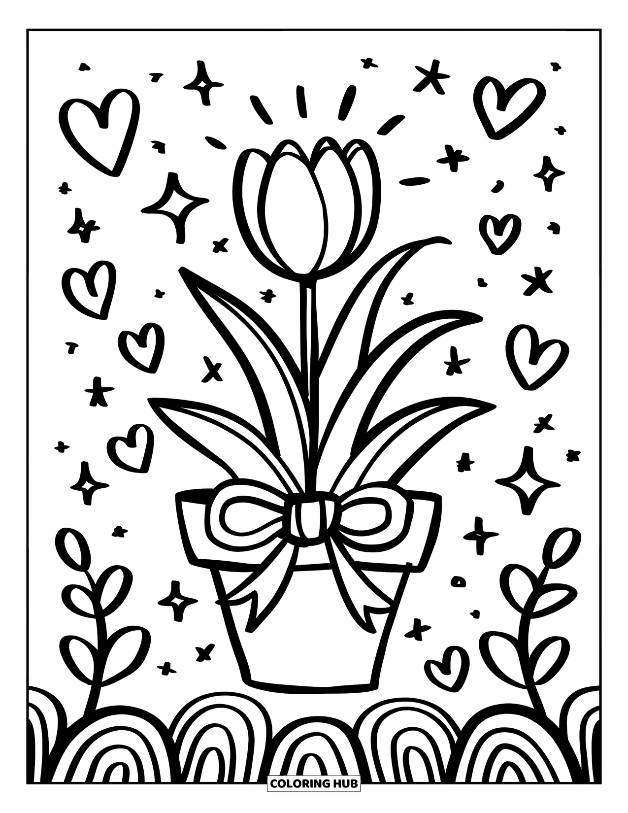 Desen de colorat cu lalele pentru adulți: Un ghiveci cu lalele și o fundă de panglică, cu inimi și stele în apropiere