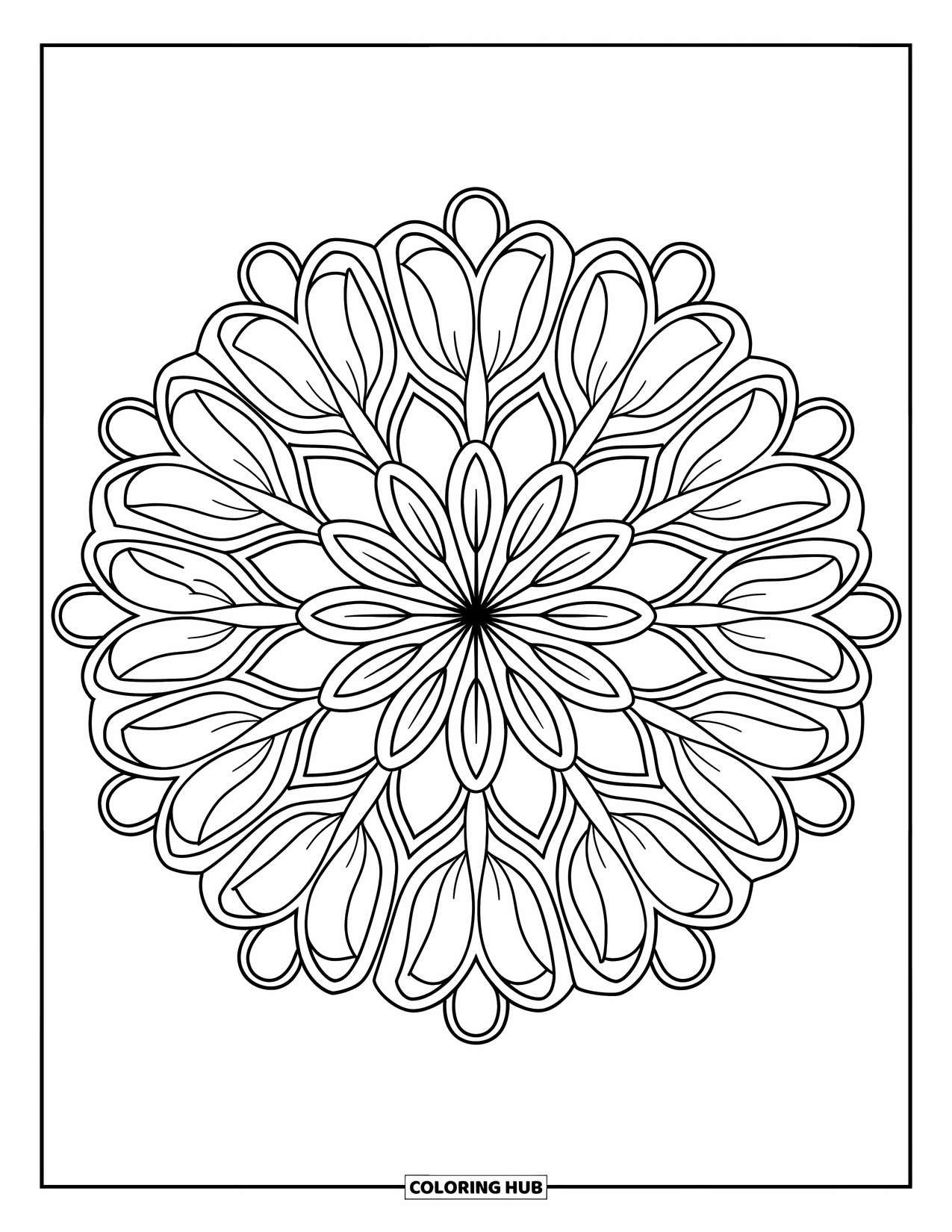 Desen de colorat cu lalele pentru adulți: O mandală cu petale de lalea are un design floral și simetric