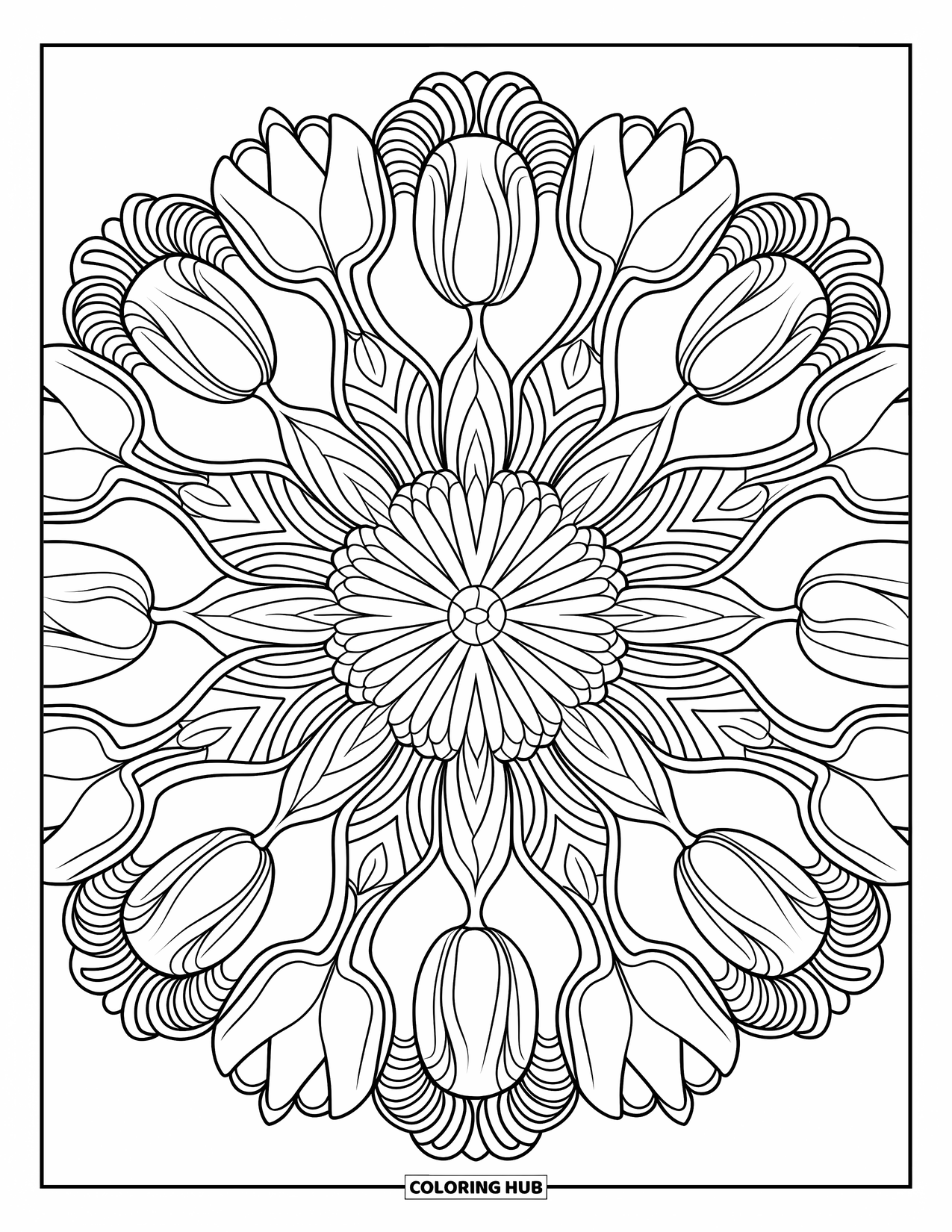 Desen de colorat cu lalele pentru adulți: O mandală cu petale de lalea radiază simetric într-un model complex