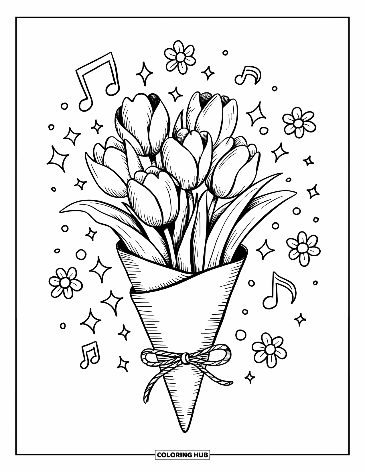 Desen de colorat cu lalele pentru adulți: Un buchet de lalele împachetat în hârtie cu sclipici și note muzicale plutește în jur