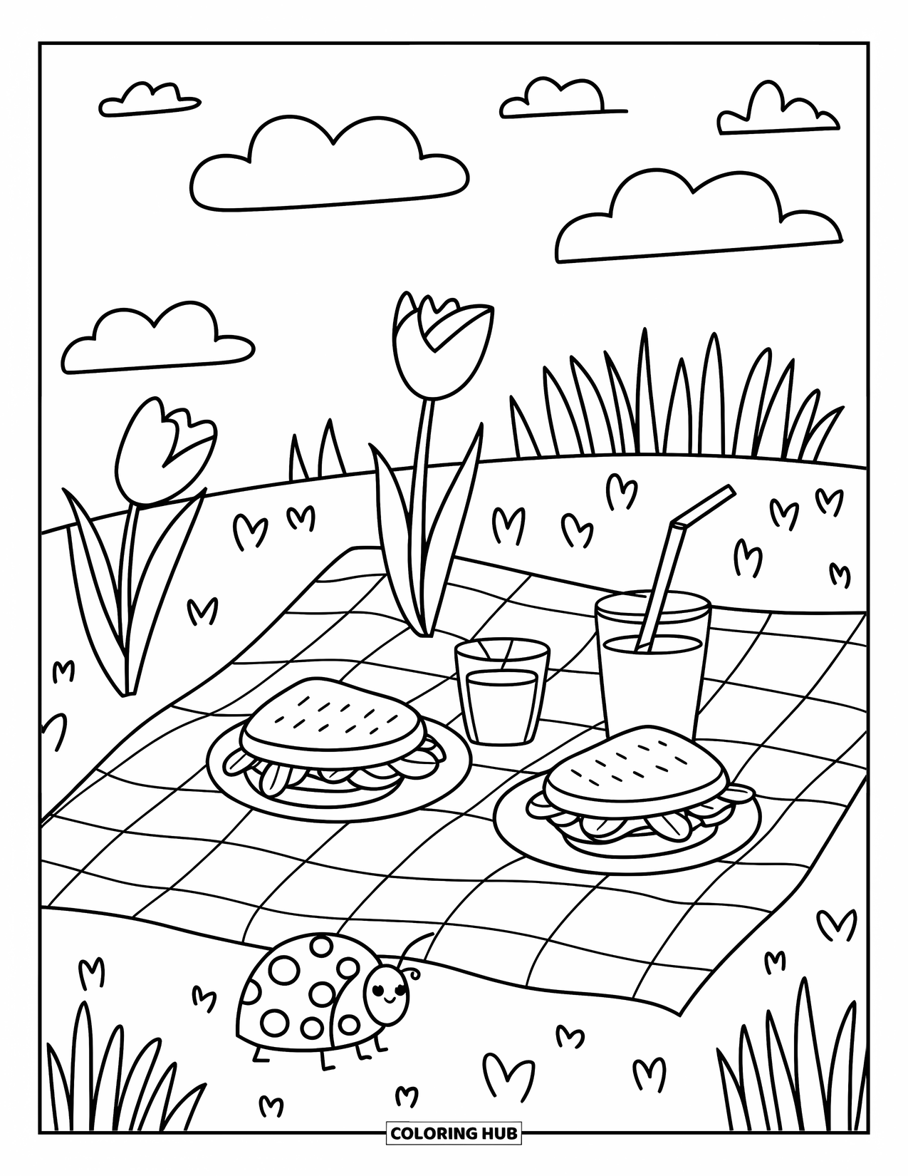 Desen de colorat cu lalele pentru adulți: O scenă de picnic cu lalele, sandvișuri și o buburuză pe o pătură