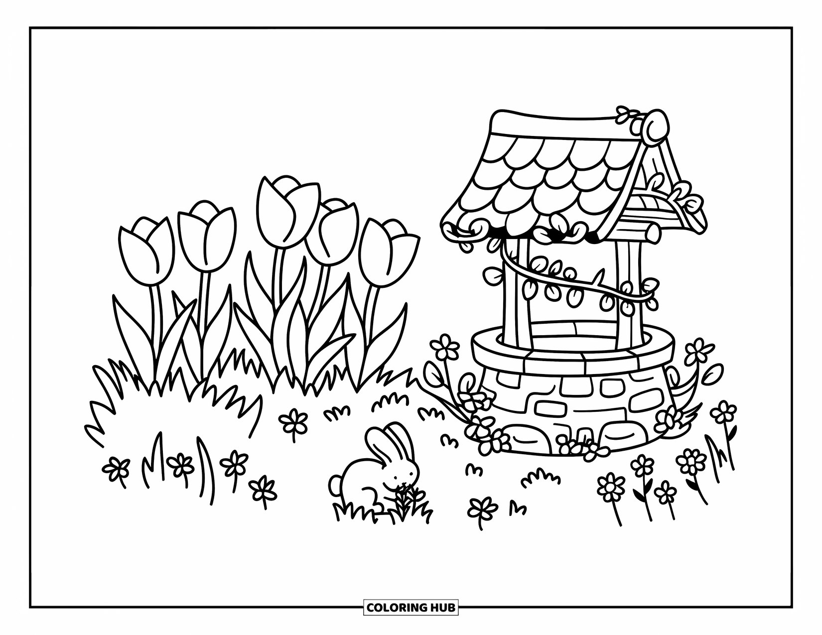 Desen de colorat cu lalele pentru adulți: Un iepure timid mănâncă iarbă lângă o fântână a dorințelor înconjurată de lalele și flori sălbatice