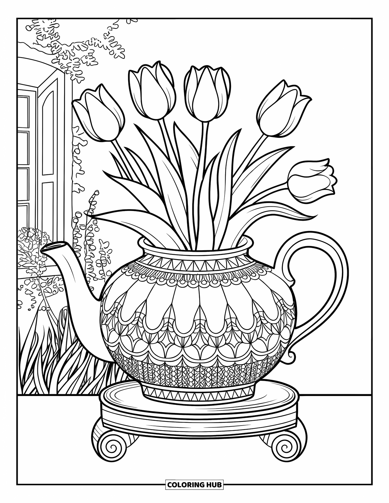 Desen de colorat cu lalele pentru adulți: Un ceainic cu lalele stă pe o suprafață rustică cu frunze de toamnă