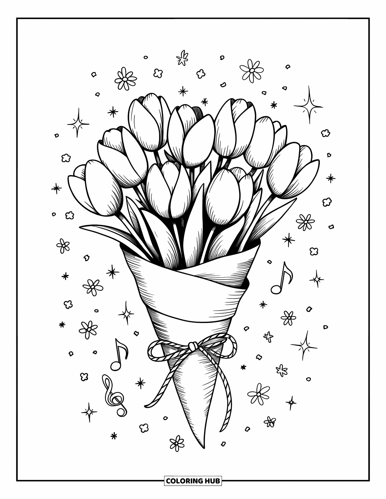Desen de colorat cu lalele pentru adulți: Un buchet de lalele în hârtie are sclipici și flori mici în jurul lui