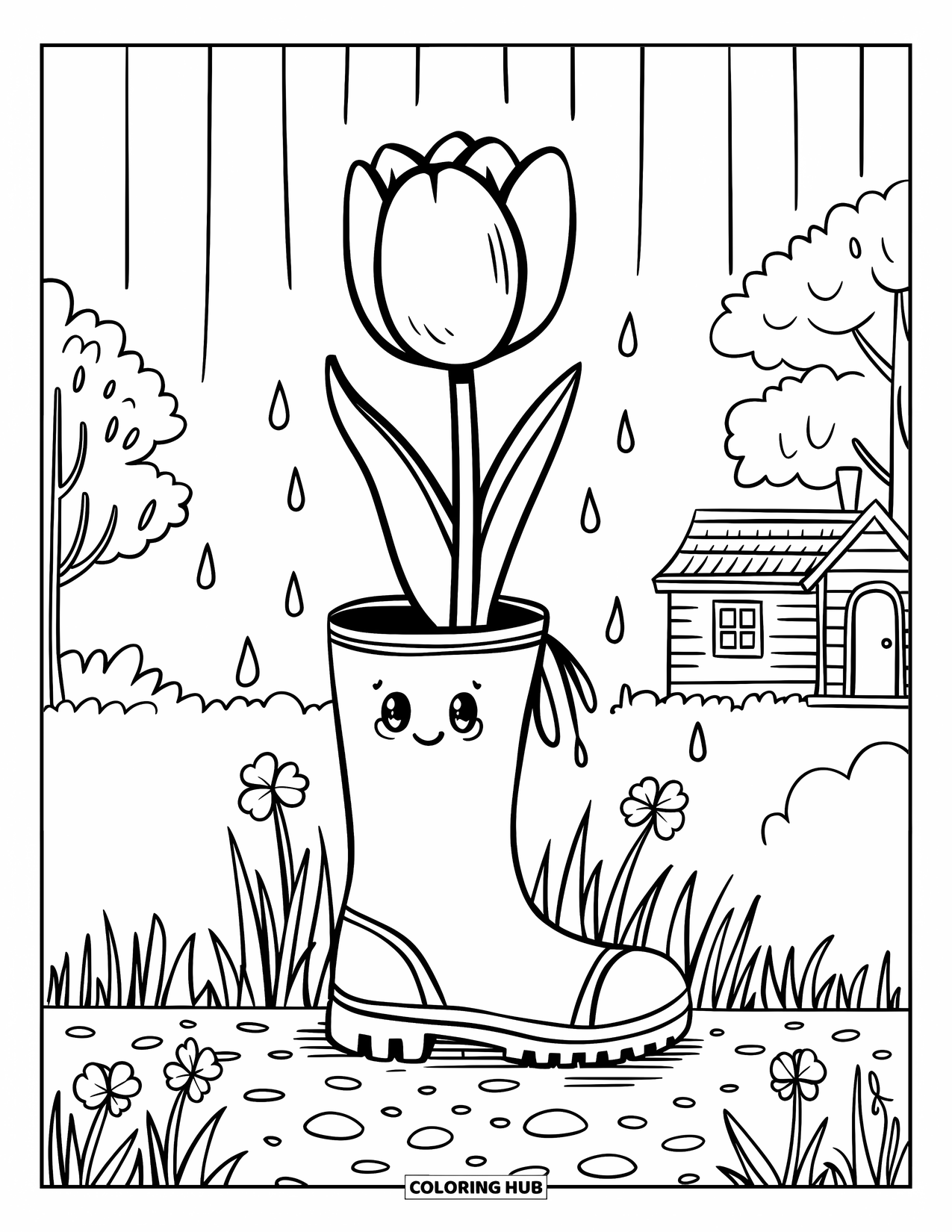 Desen de colorat cu lalele pentru adulți: O lalea într-o cizmă de ploaie stă pe iarbă cu picături de ploaie în jur