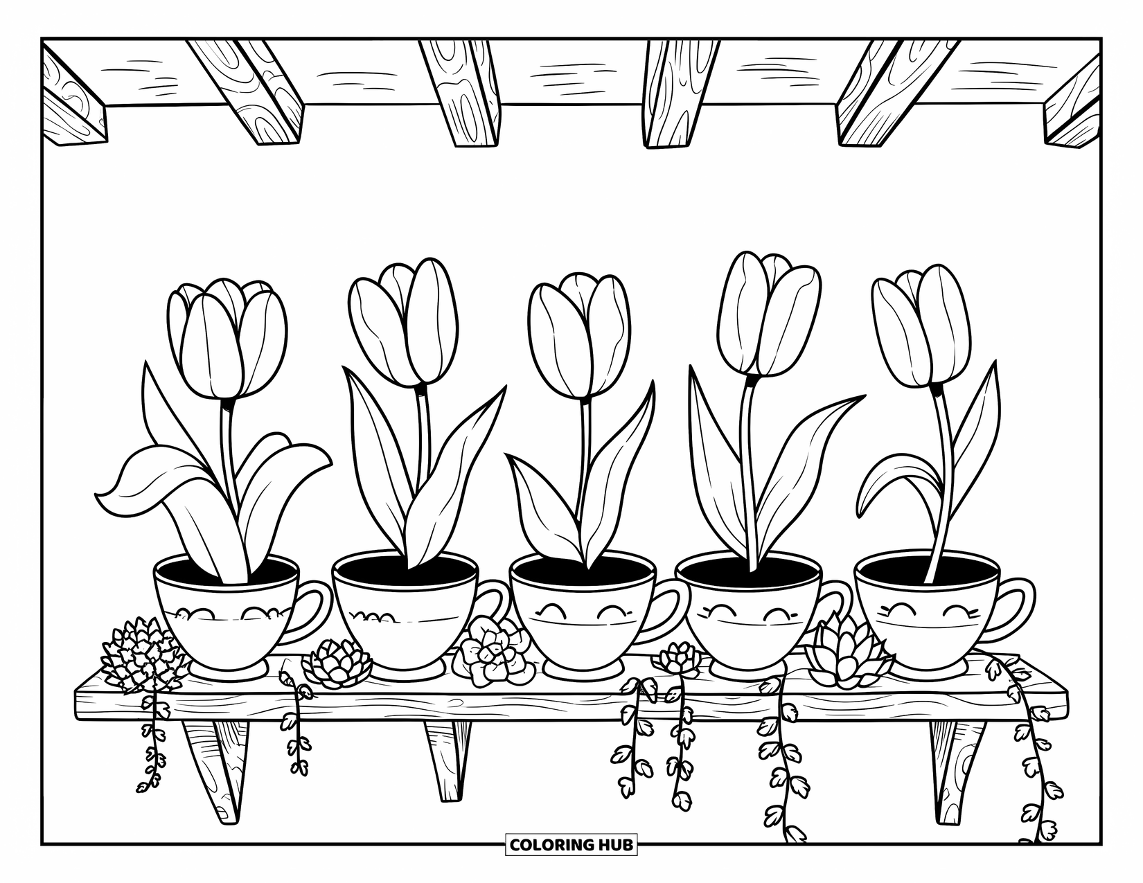 Desen de colorat cu lalele pentru adulți: Cești de ceai cu lalele și suculente stau pe un raft de lemn
