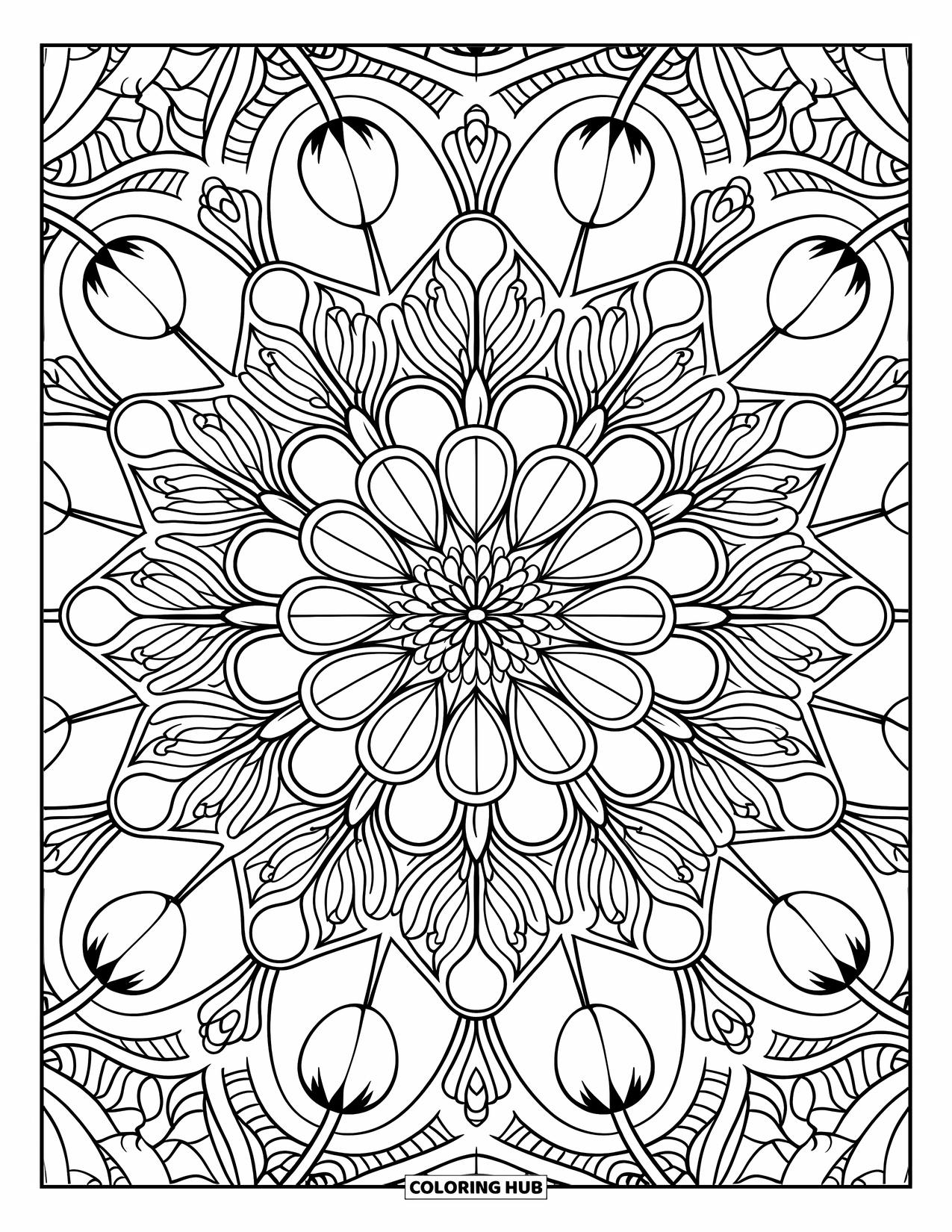 Desen de colorat cu lalele pentru adulți: Petalele de lalea formează o mandală detaliată, cu modele simetrice