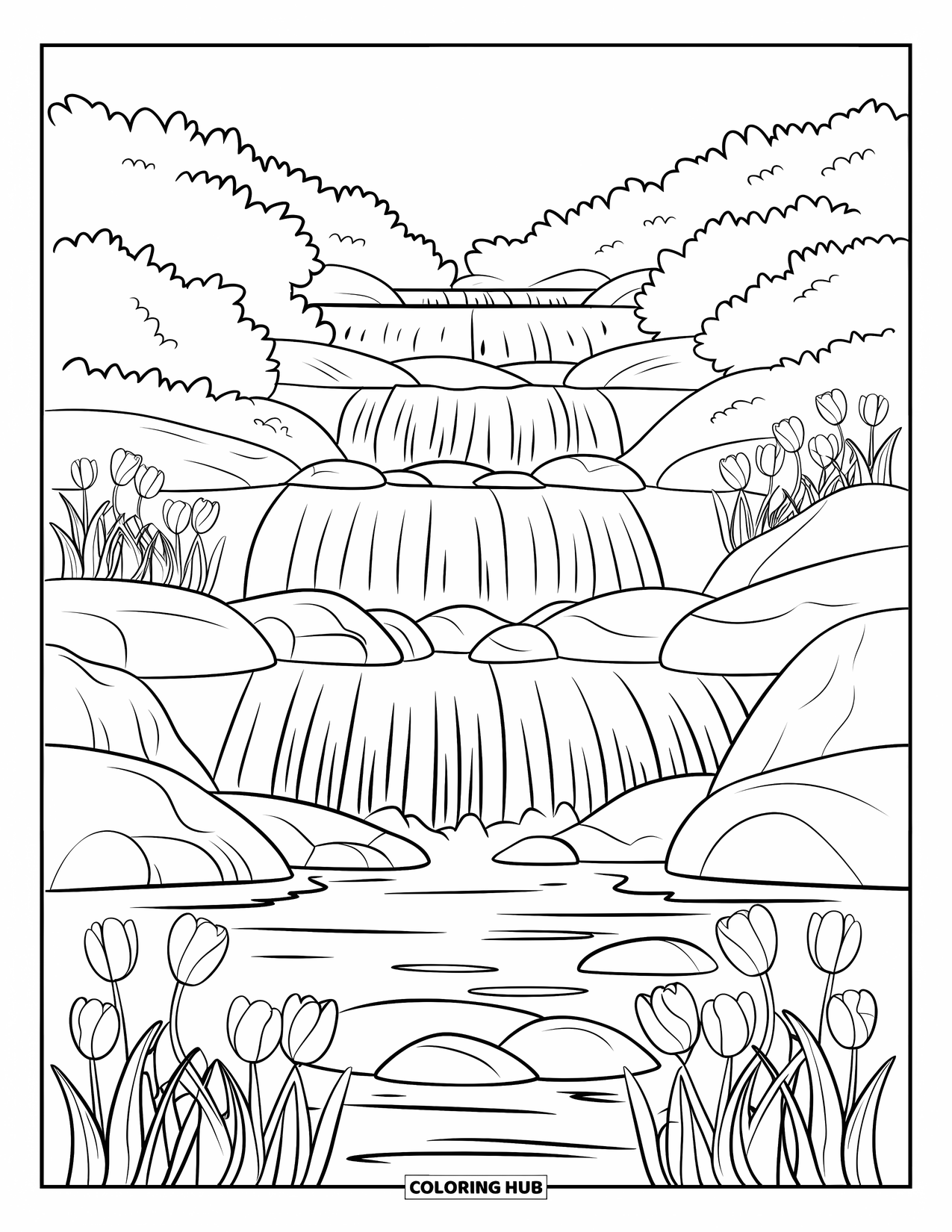 Desen de colorat cu lalele pentru adulți: Lalele și stânci înconjoară o cascadă într-o pădure luxuriantă