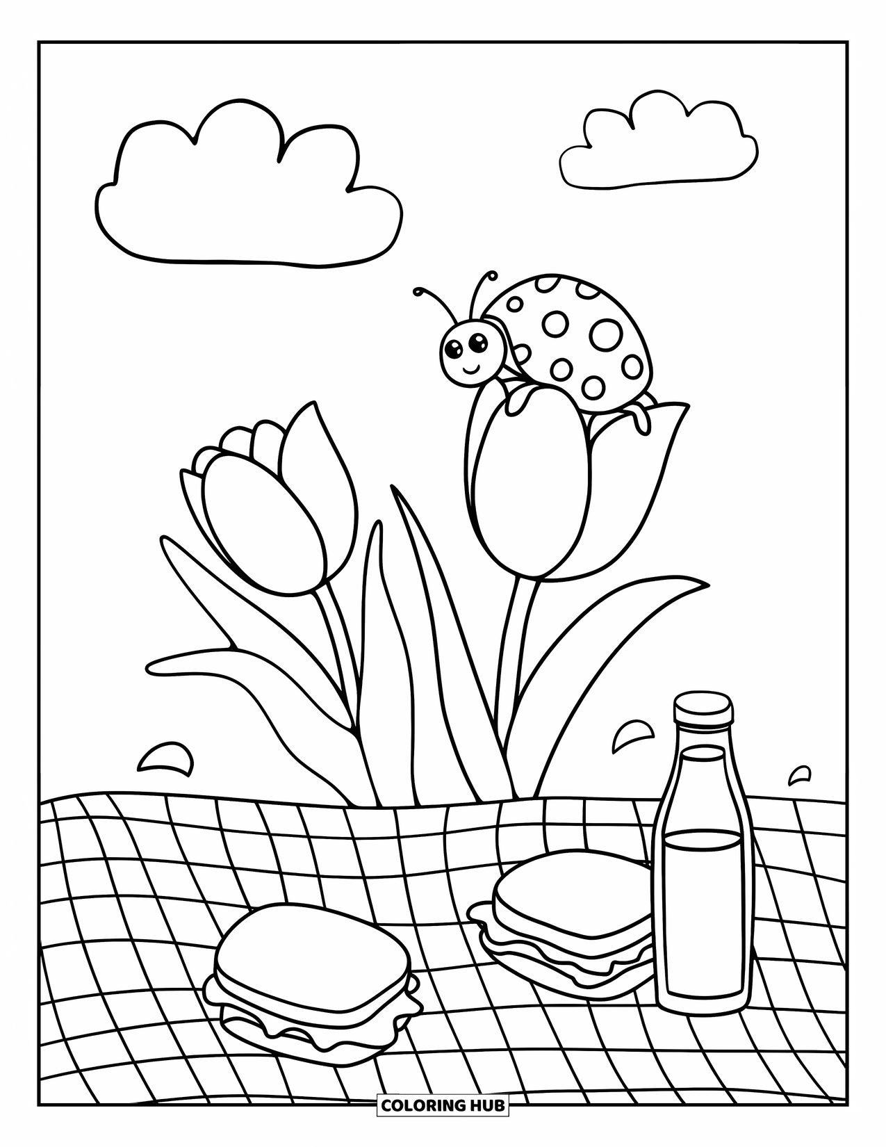 Desen de colorat cu lalele pentru adulți: Lalele și sandvișuri stau pe o pătură cu o buburuză și nori deasupra