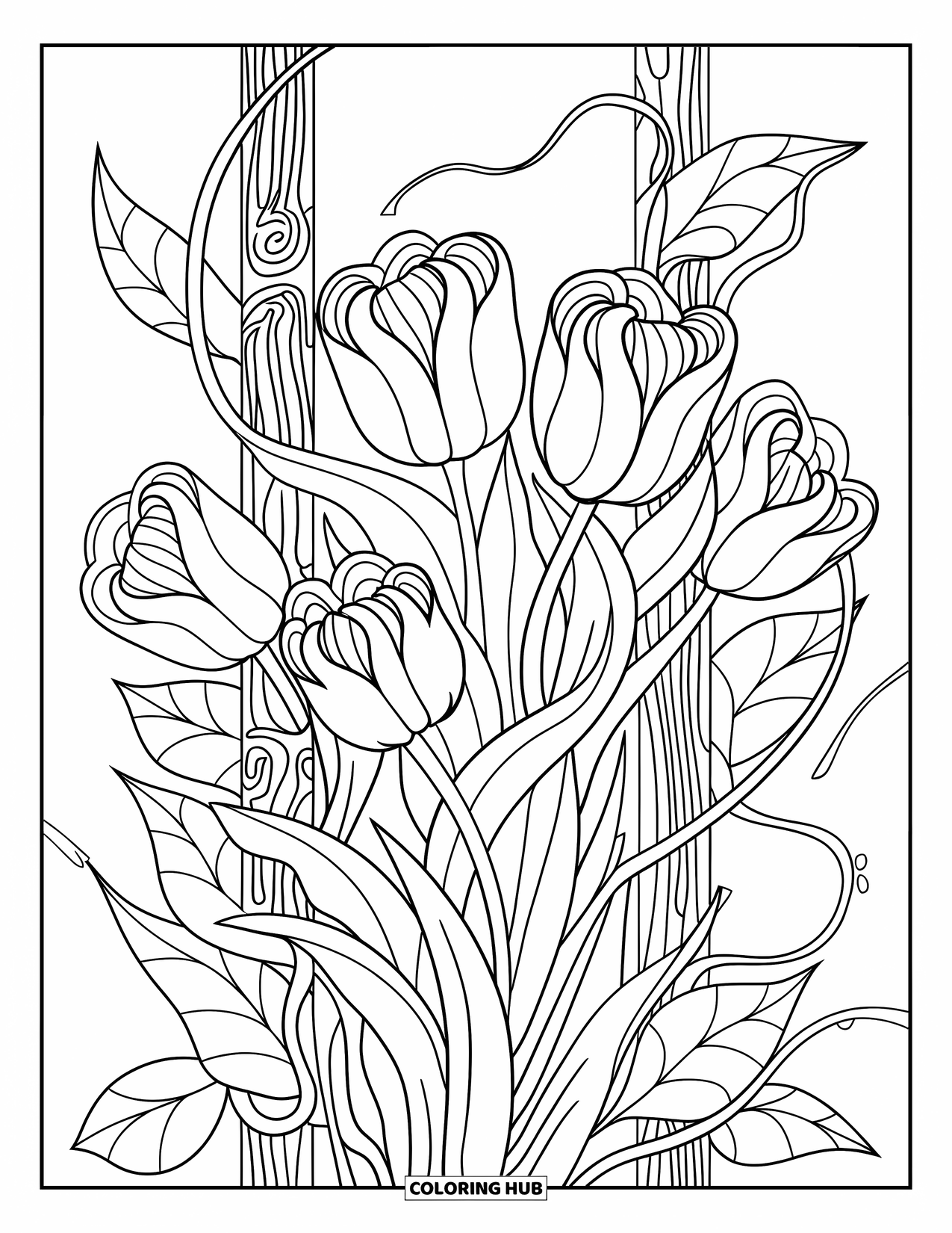 Desen de colorat cu lalele pentru adulți: Lalele și viță de vie se împletesc cu modele îndrăznețe și complicate