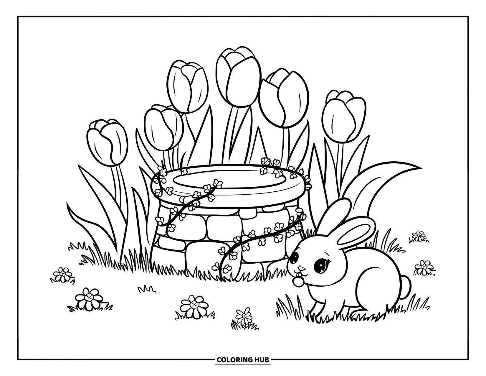 Desen de colorat cu lalele pentru adulți: Lalelele înfloresc lângă o fântână a dorințelor, în timp ce un iepure timid ciugulește iarbă