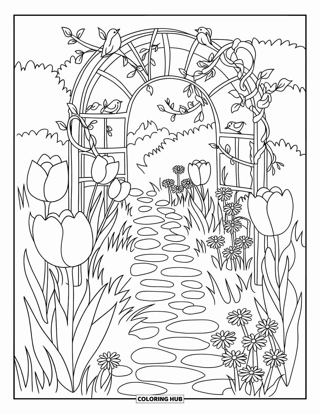 Desen de colorat cu lalele pentru adulți: Lalelele înfloresc lângă o potecă pietruită sub o arcadă acoperită cu viță de vie, cu păsări