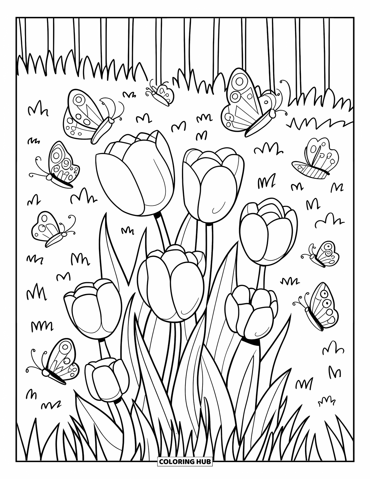 Desen de colorat cu lalele pentru adulți: Lalelele înfloresc într-o grădină cu fluturi și albine zumzăind în jur