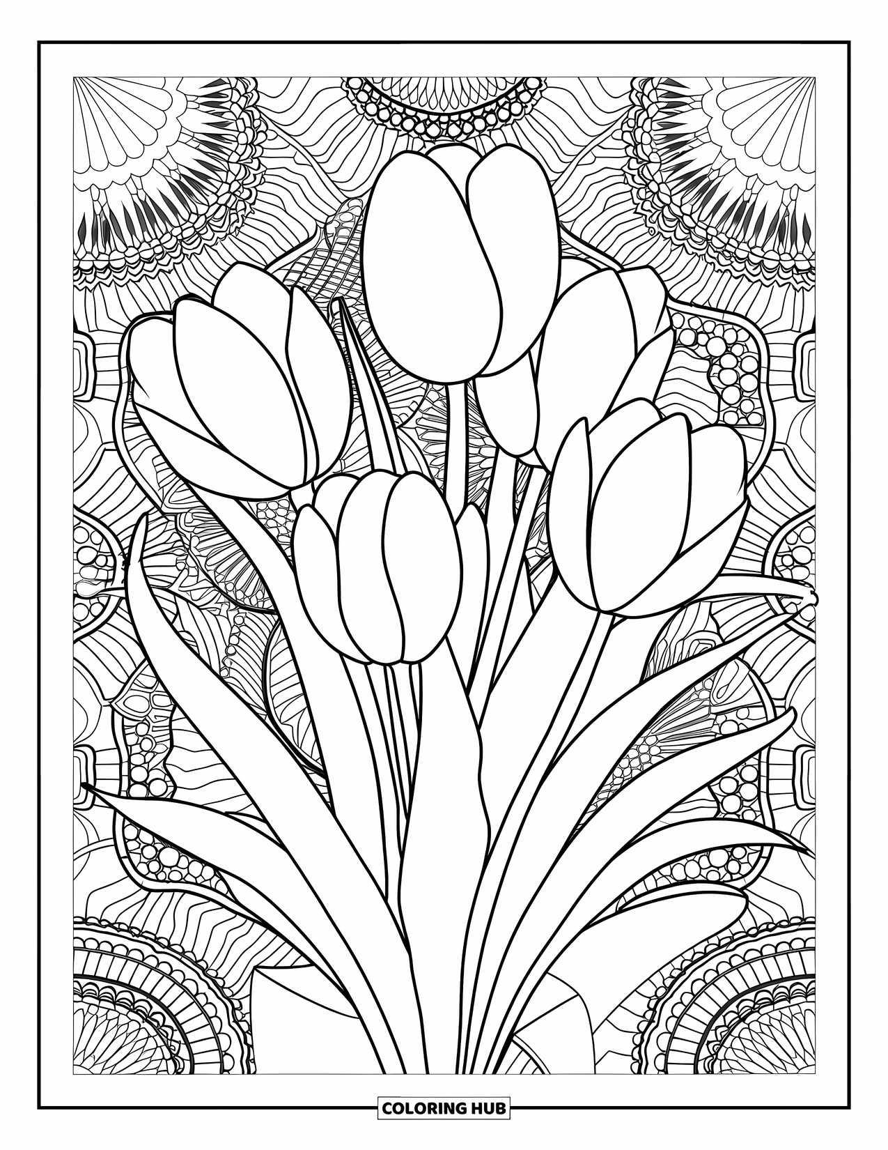 Desen de colorat cu lalele pentru adulți: Lalele într-o vază au un fundal cu model de dantelă, cu detalii complicate