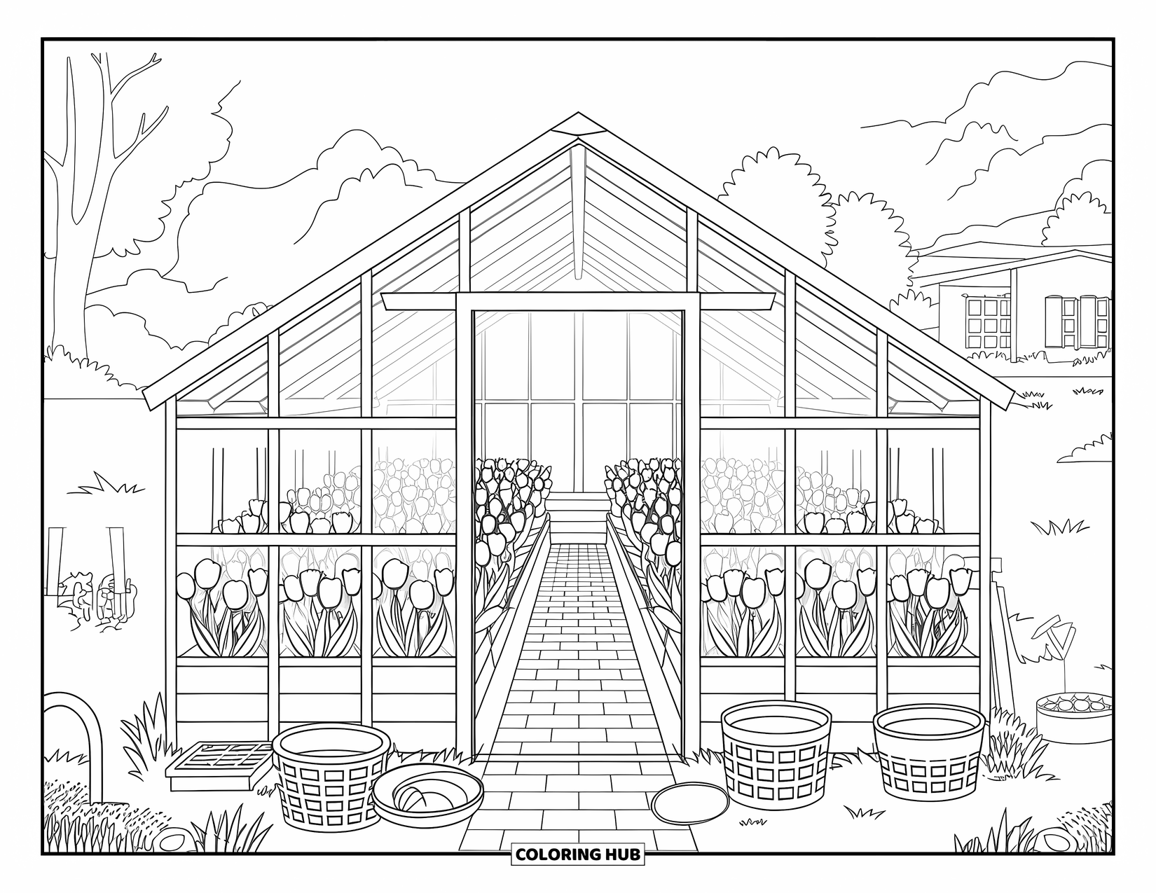 Desen de colorat cu lalele pentru adulți: Lalele înflorite umplu o seră de lemn cu podea de cărămidă