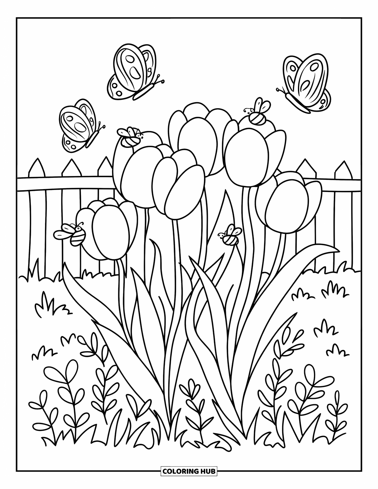 Desen de colorat cu lalele pentru adulți: Lalelele se leagănă în timp ce fluturii și albinele colectează nectar în apropiere