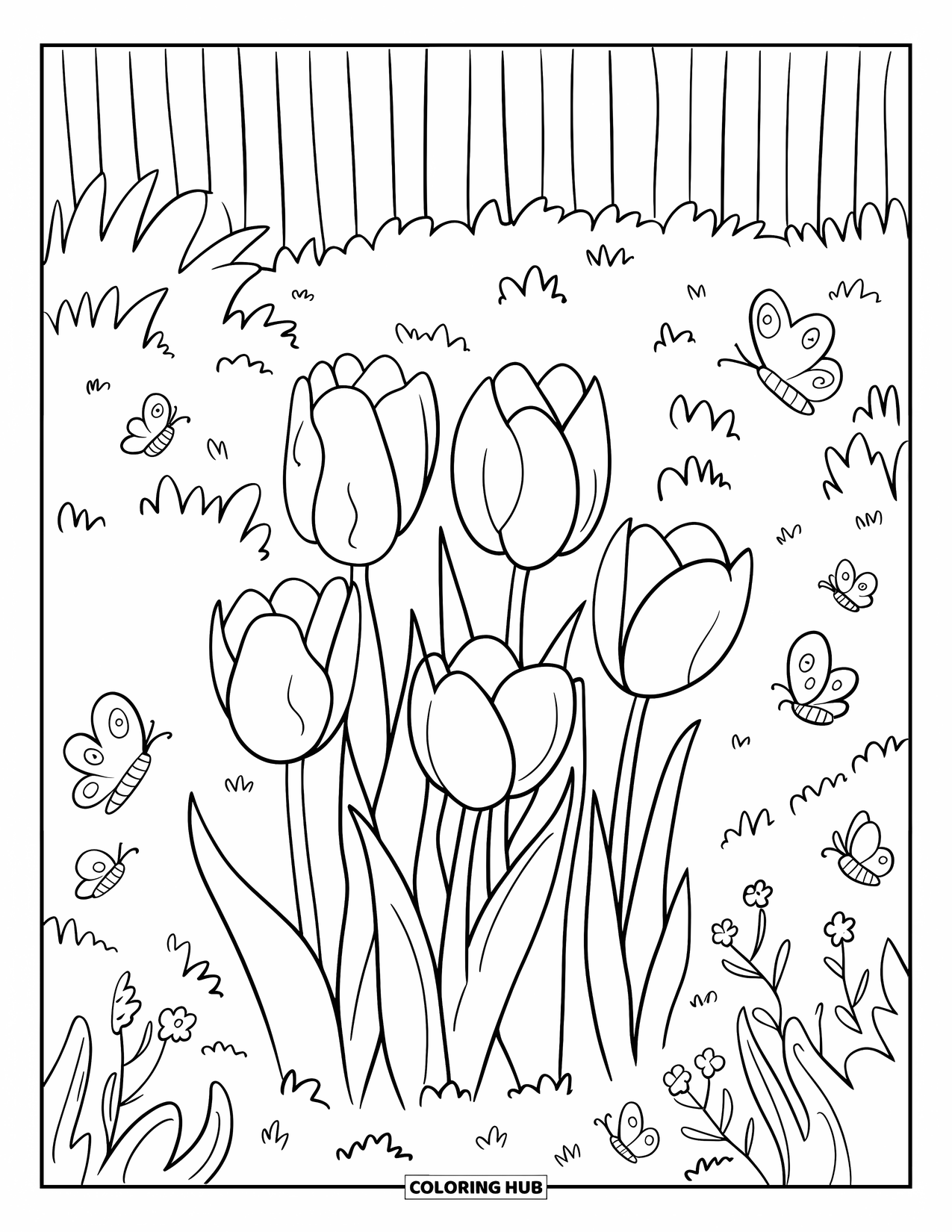 Desen de colorat cu lalele pentru adulți: Lalelele se leagănă ușor, în timp ce fluturii și albinele zboară în apropiere