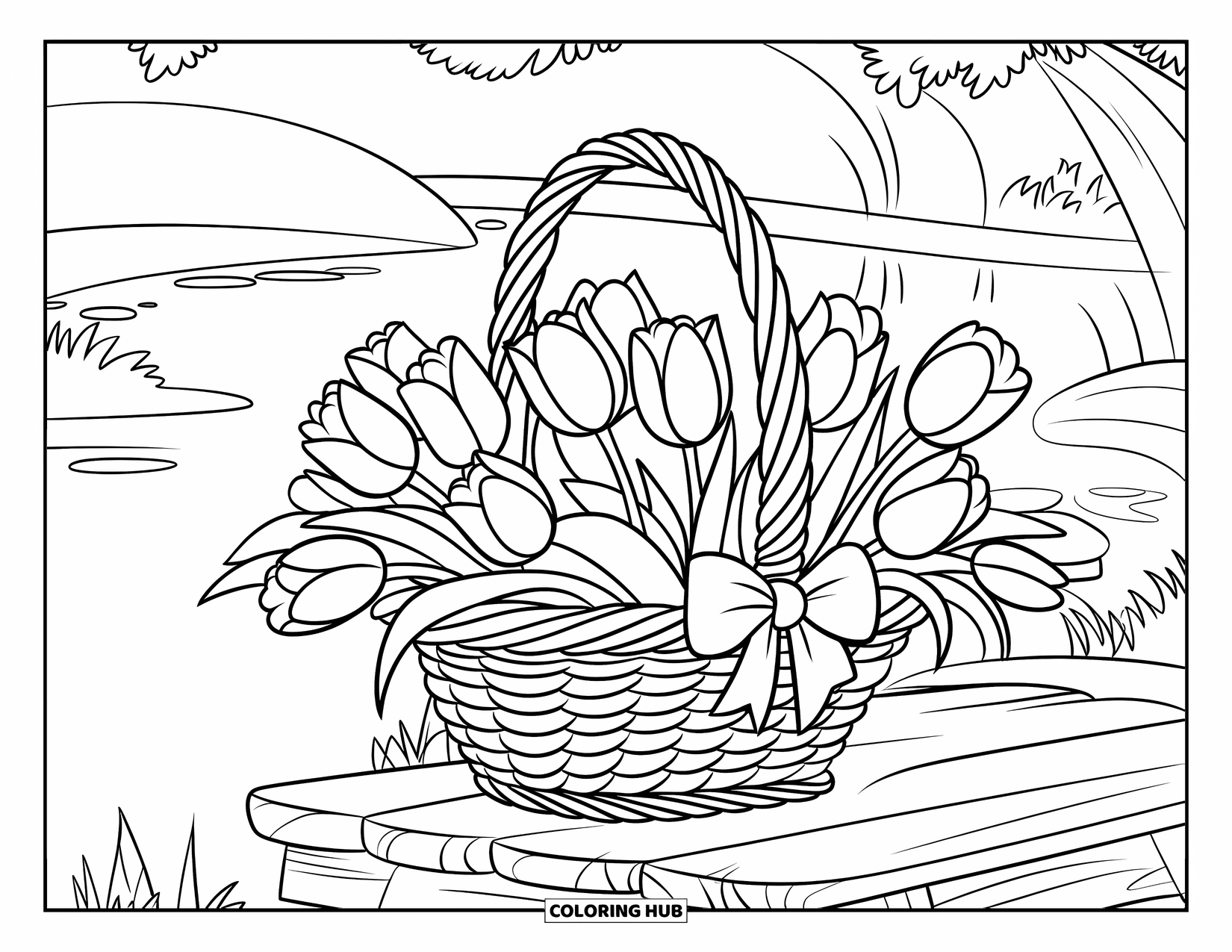 Desen de colorat cu lalele pentru copii: Un coș cu lalele cu o fundă stă pe o platformă de lemn lângă un pod
