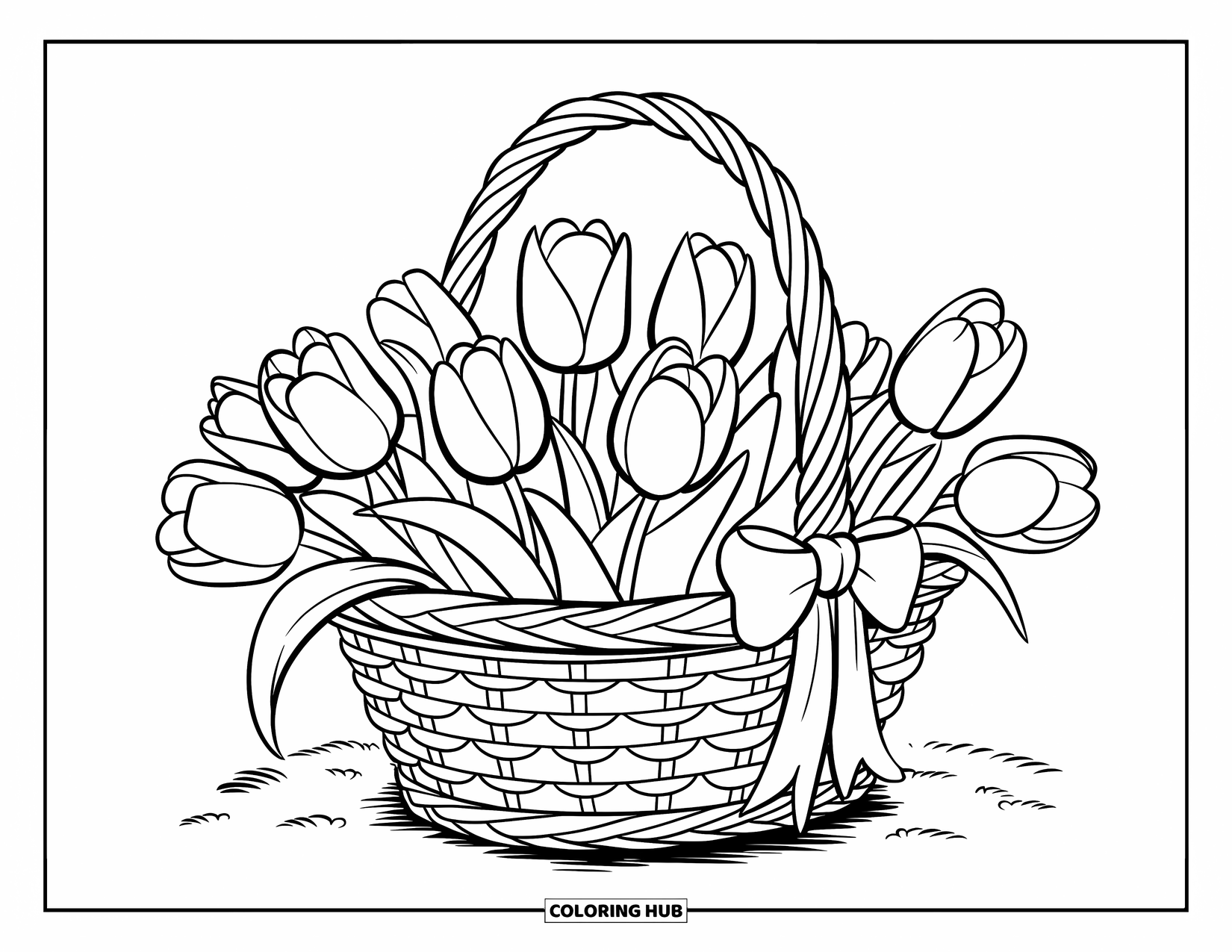 Desen de colorat cu lalele pentru copii: Un coș cu lalele cu o fundă stă pe pământ