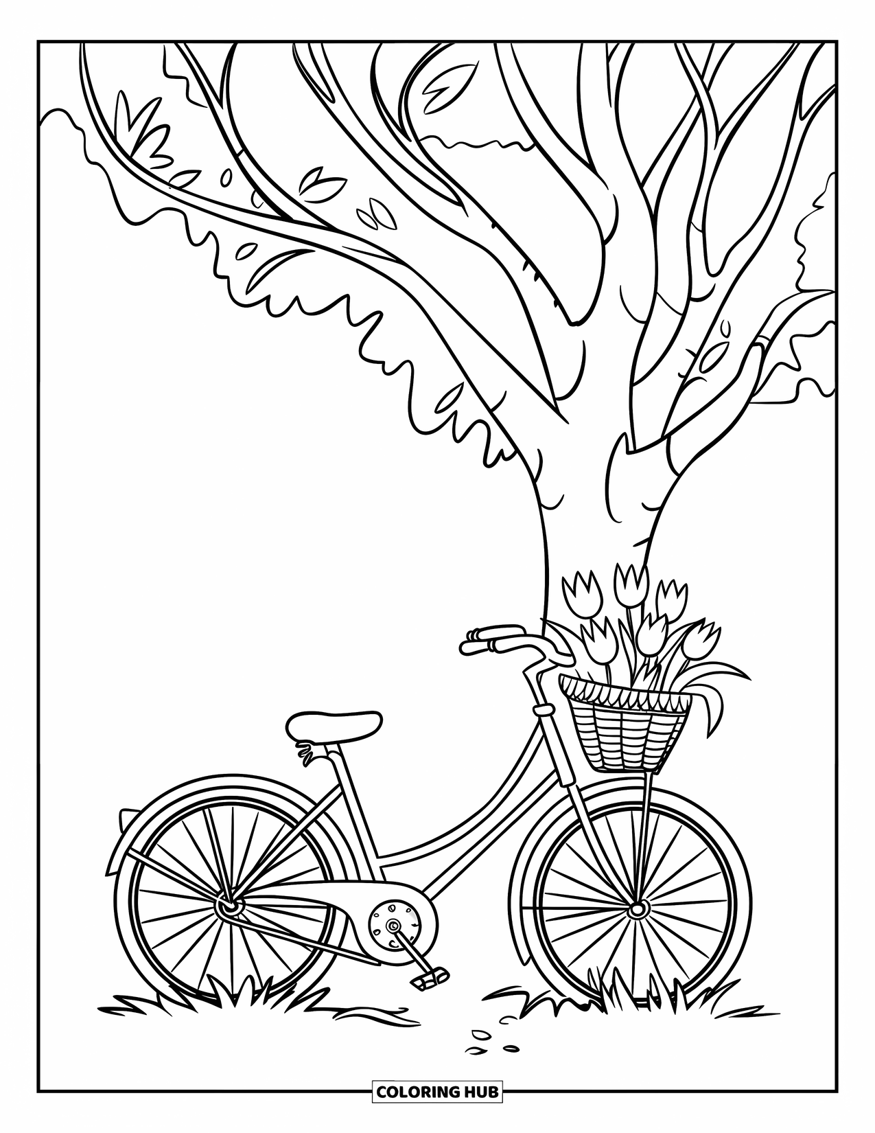 Desen de colorat cu lalele pentru copii: O bicicletă este sprijinită de un copac, cu un coș plin de lalele