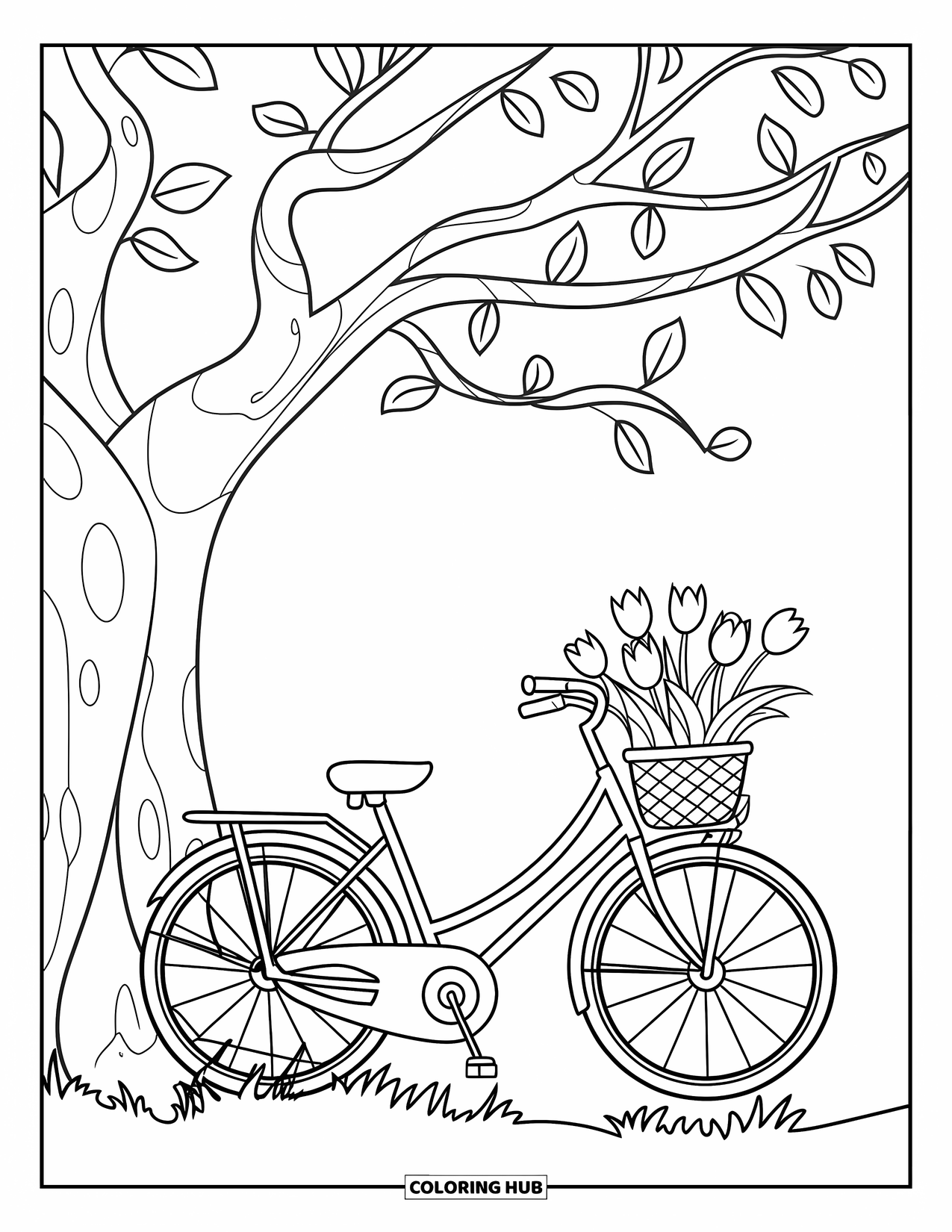 Desen de colorat cu lalele pentru copii: O bicicletă se sprijină de un copac, coșul său fiind plin cu lalele