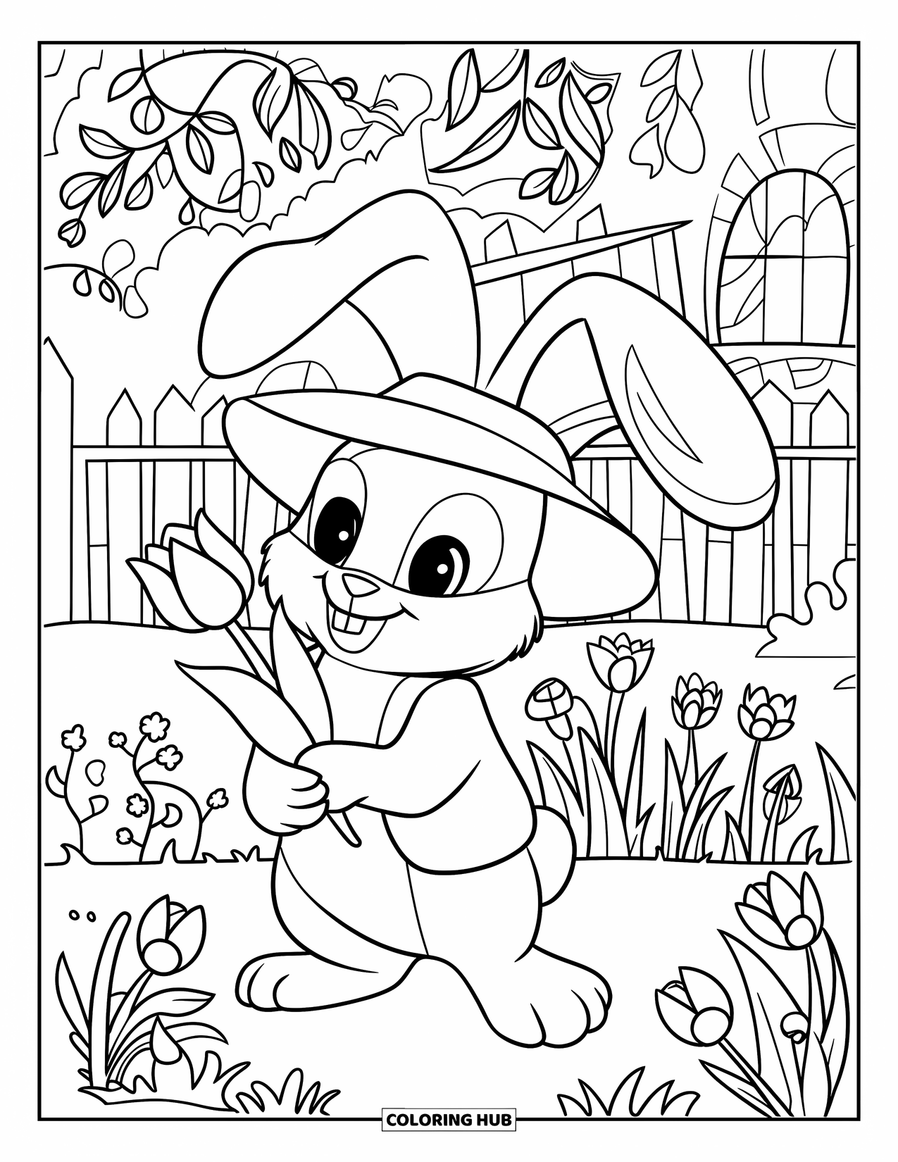Desen de colorat cu lalele pentru copii: Un iepuraș cu o pălărie verde ține o lalea într-o grădină plină de flori