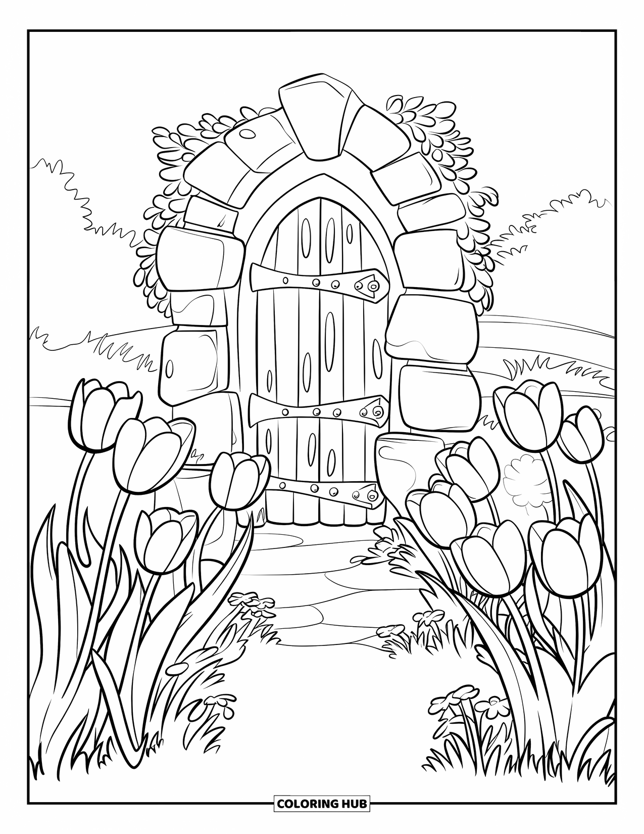 Desen de colorat cu lalele pentru copii: O intrare de piatră sculptată stă printre lalele sălbatice de diferite înălțimi