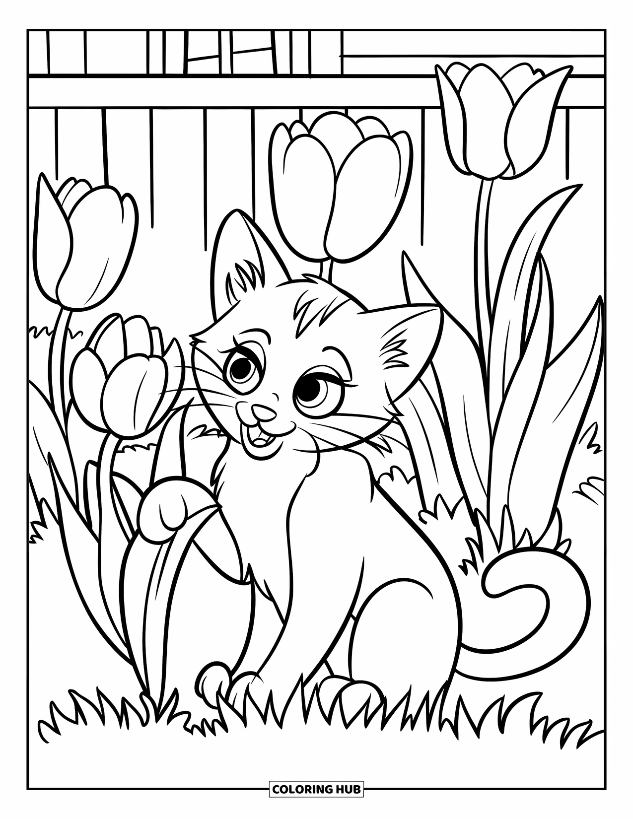 Desen de colorat cu lalele pentru copii: O pisică se joacă cu o lalea într-o grădină, stând în iarbă