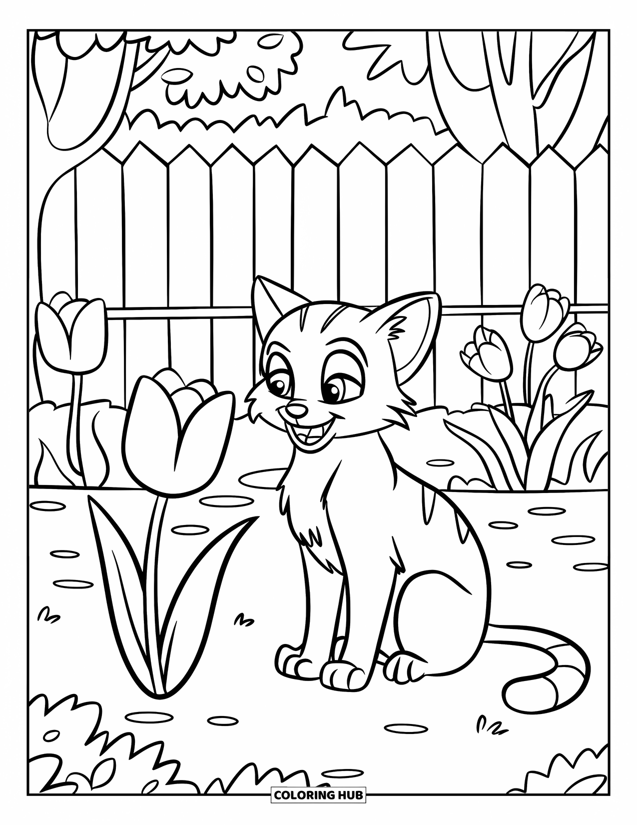 Desen de colorat cu lalele pentru copii: O pisică se joacă cu o lalea într-o grădină cu un gard și copaci