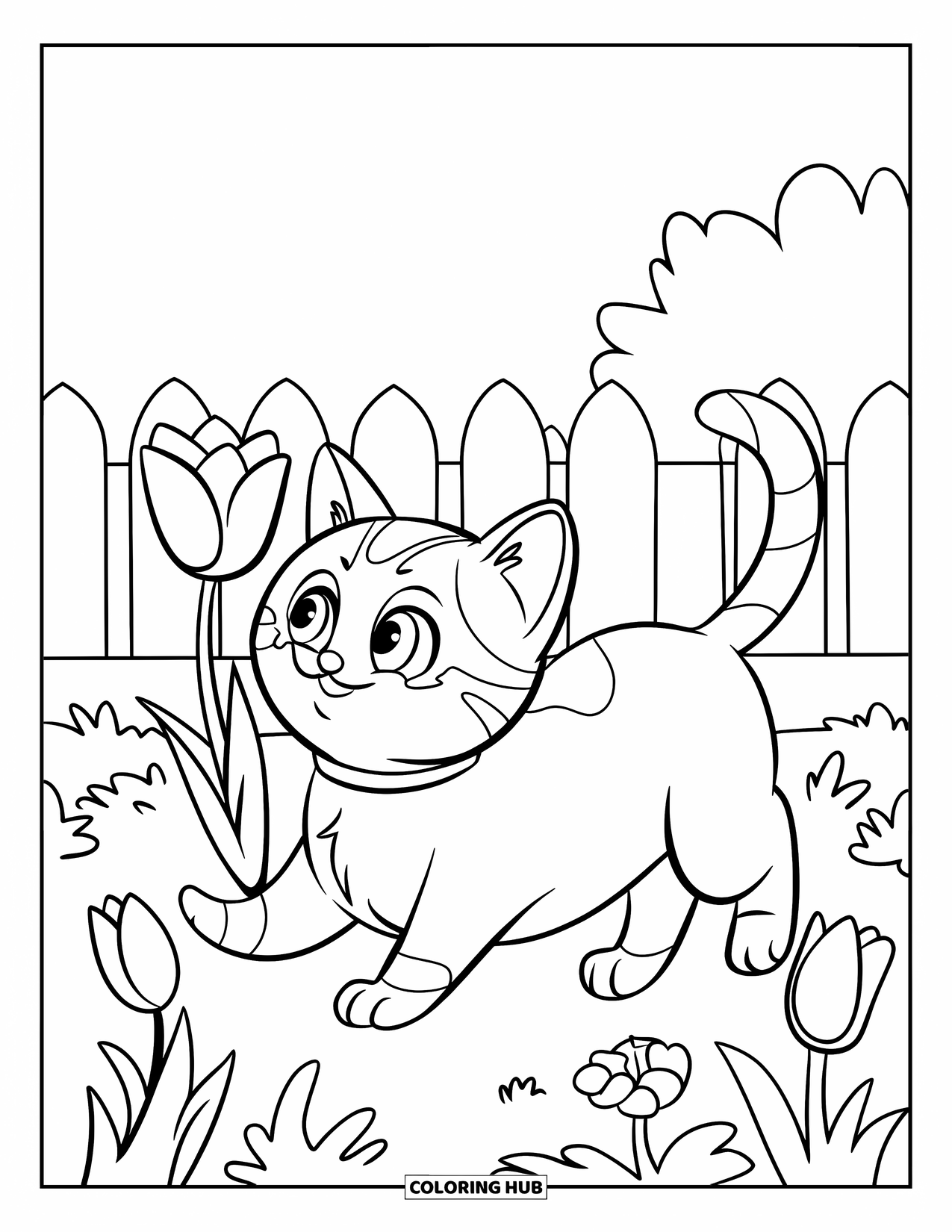 Desen de colorat cu lalele pentru copii: O pisică cu o față rotundă și o zgardă se joacă cu o lalea într-o grădină