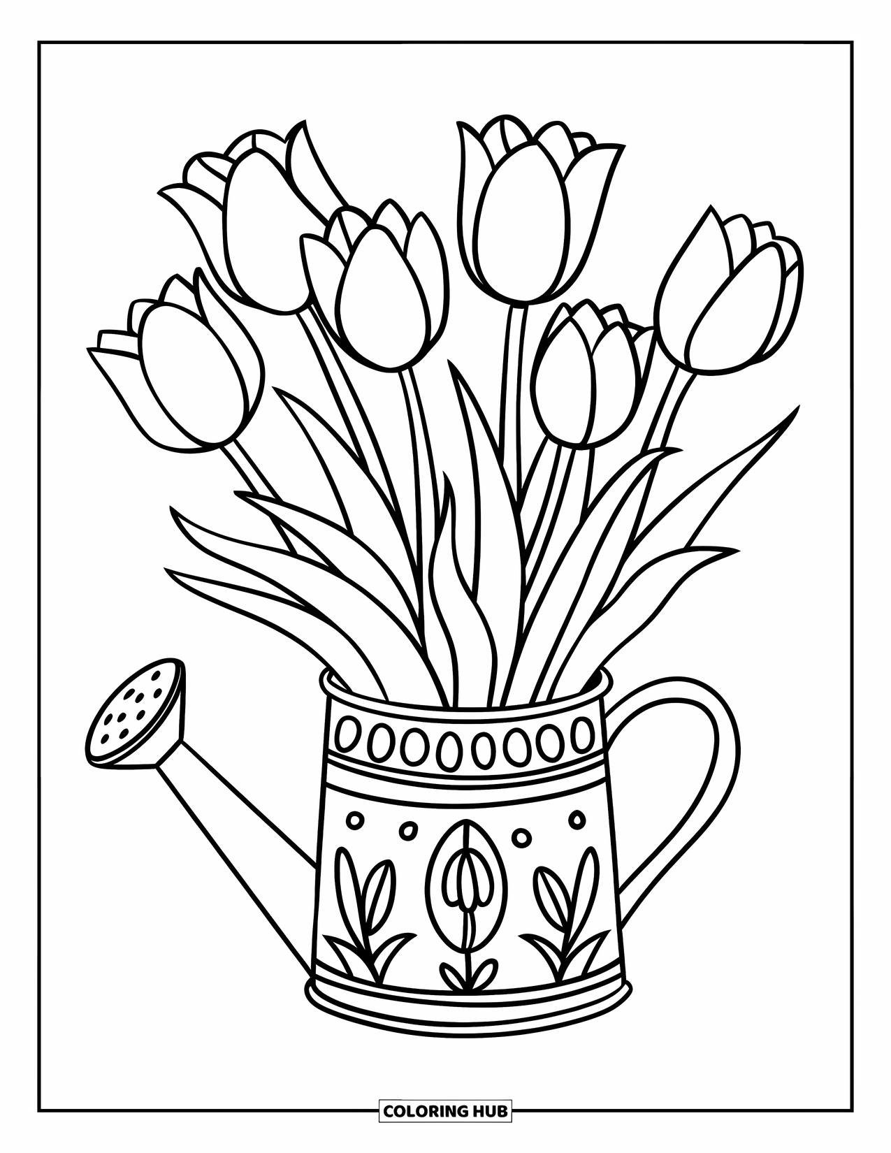Desen de colorat cu lalele pentru copii: O stropitoare decorată ține un buchet de lalele