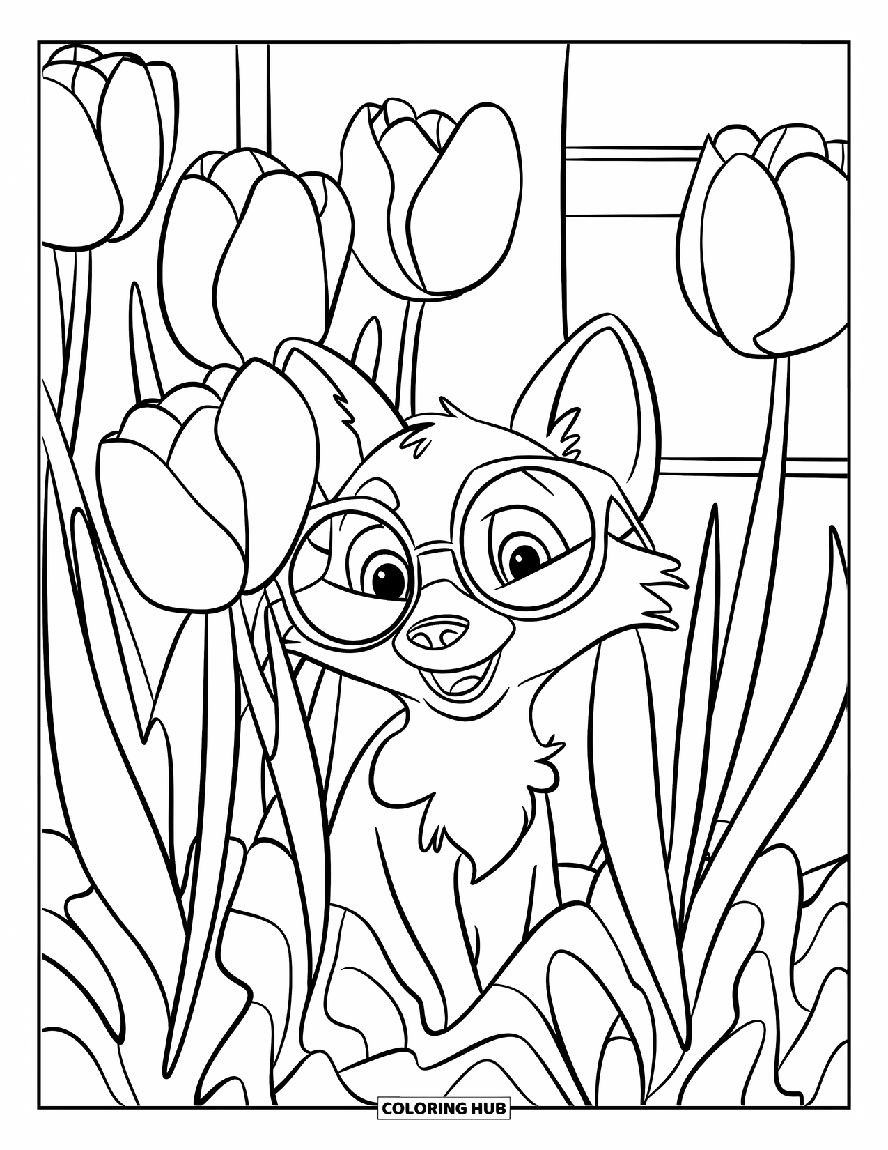 Desen de colorat cu lalele pentru copii: O vulpe cu ochelari se uită printre lalele, curioasă și jucăușă