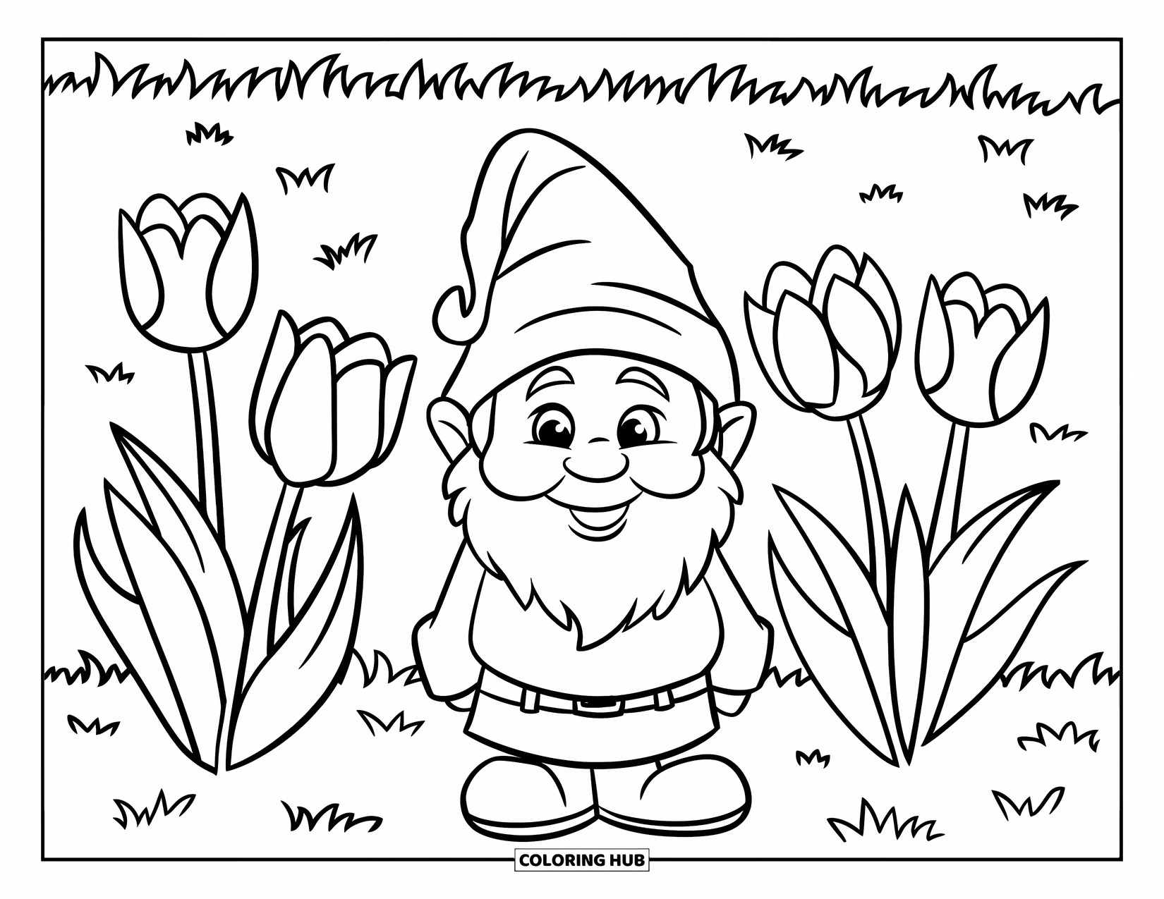 Desen de colorat cu lalele pentru copii: Un gnom de grădină zâmbește printre lalele, purtând o pălărie verde