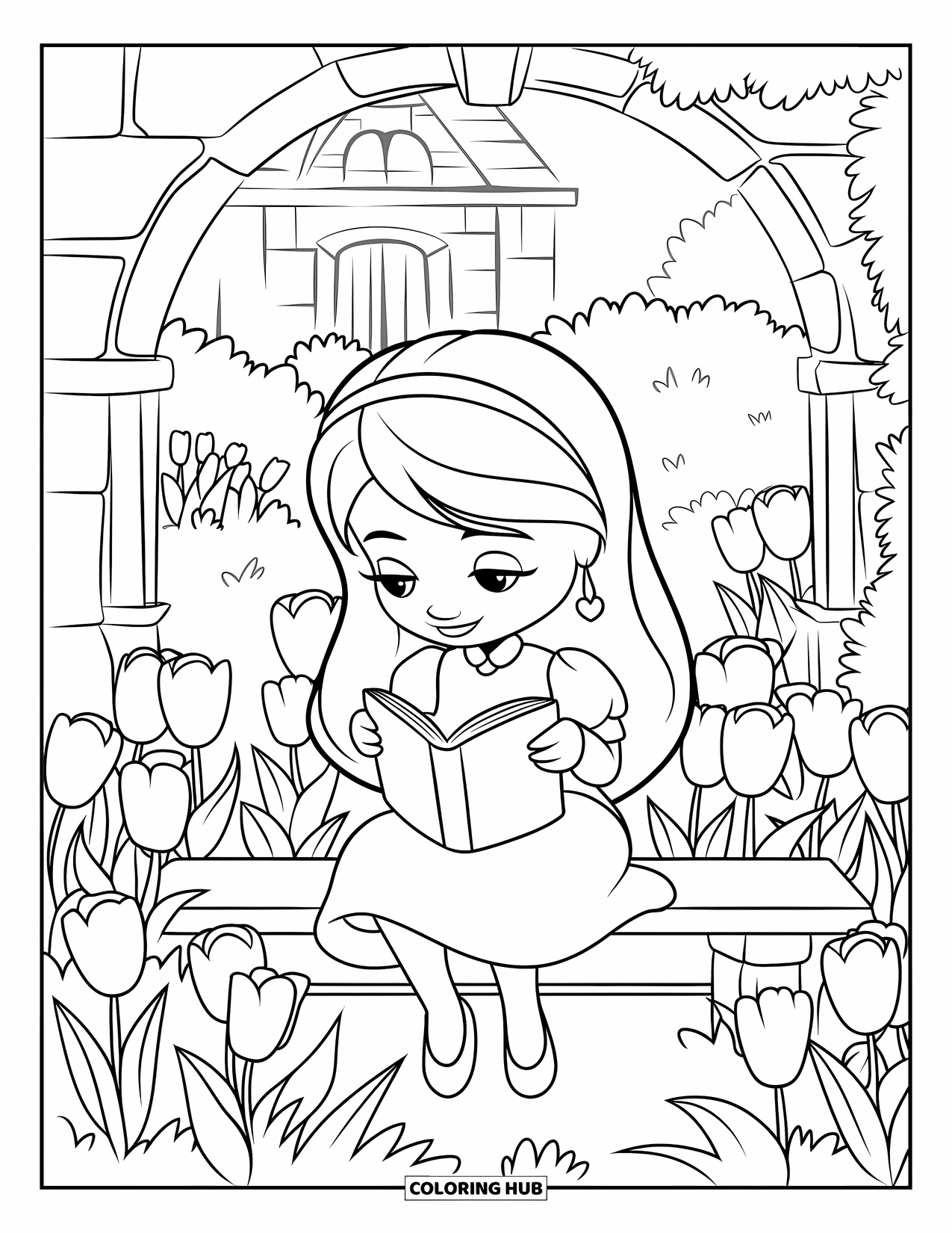 Desen de colorat cu lalele pentru copii: O fată citește o carte printre lalele, stând pe o bancă de piatră într-o grădină