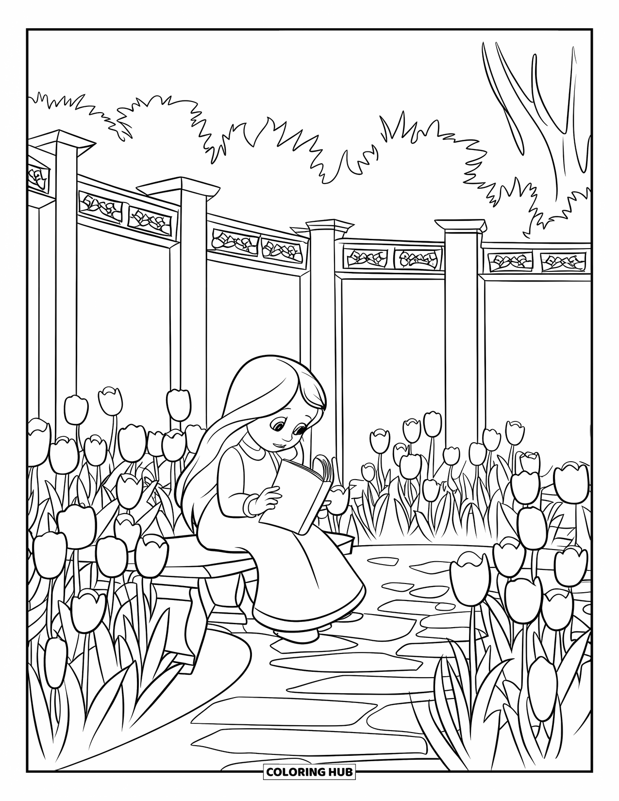 Desen de colorat cu lalele pentru copii: O fată stă pe o bancă de piatră citind, înconjurată de lalele într-o grădină
