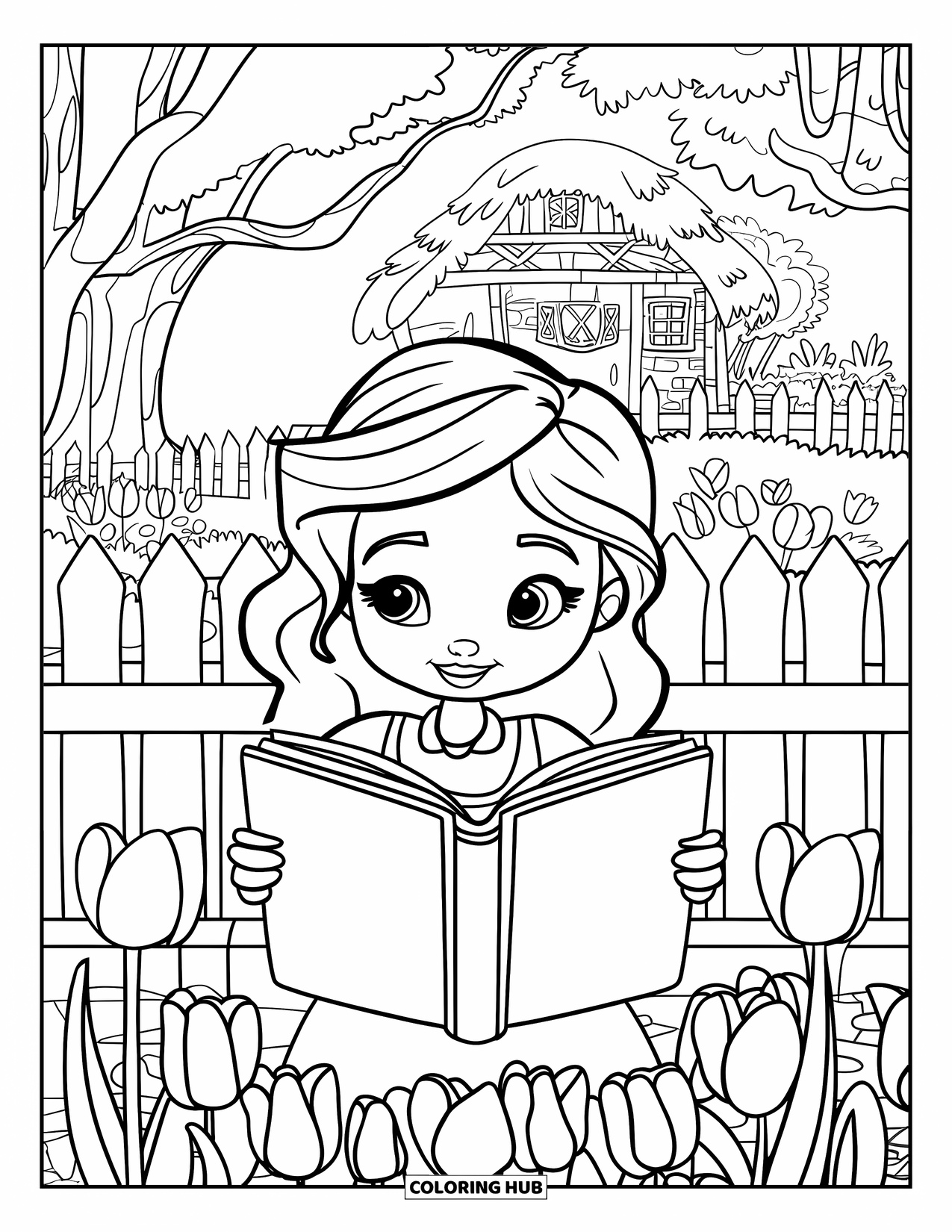 Desen de colorat cu lalele pentru copii: O fată cu părul roșu citește o carte printre lalele într-o grădină secretă