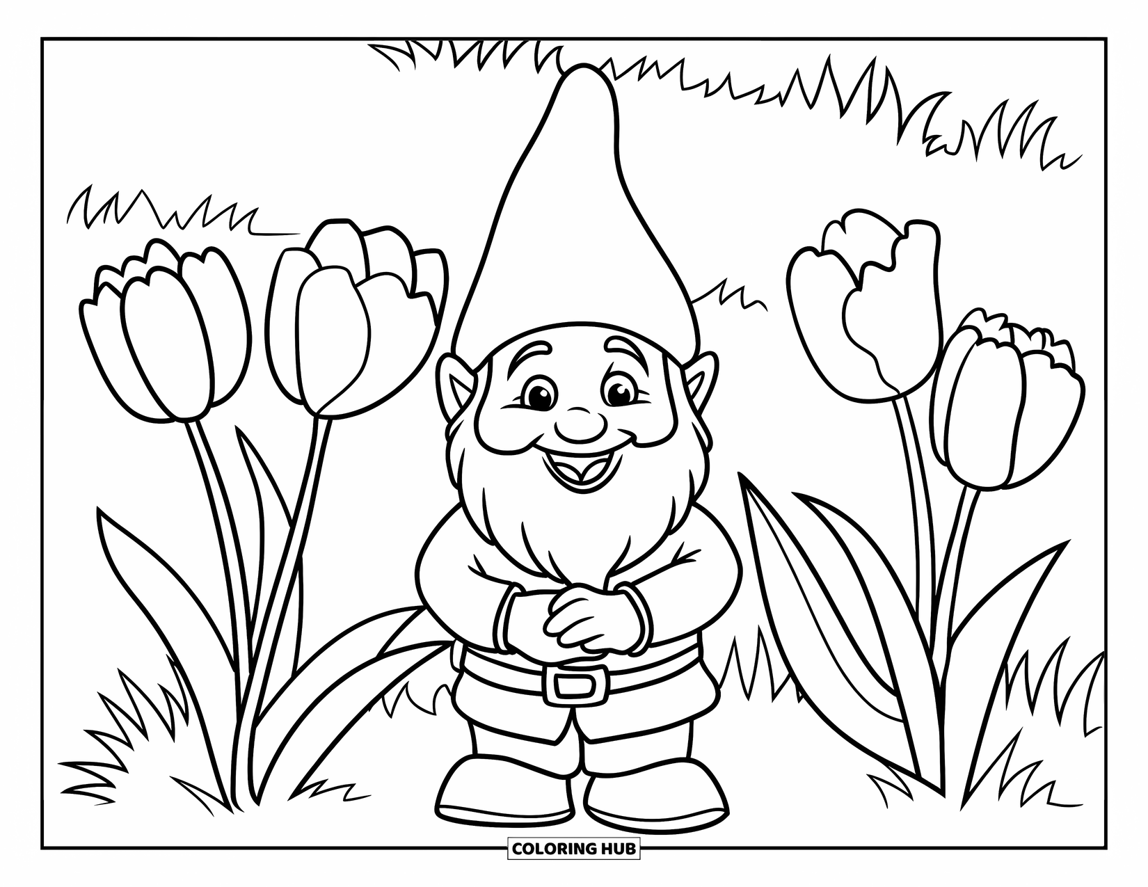 Desen de colorat cu lalele pentru copii: Un gnom cu o pălărie roșie stă printre lalele, arătând vesel
