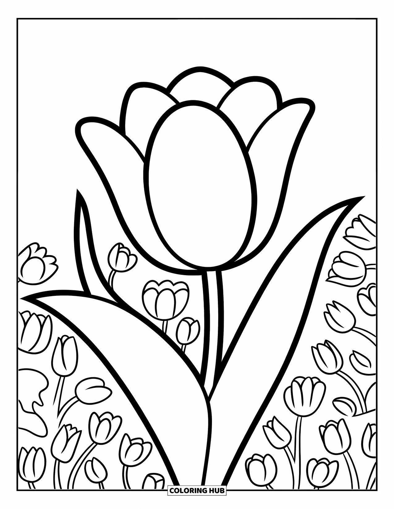Desen de colorat cu lalele pentru copii: O lalea mare înflorește printre flori mai mici de lalea